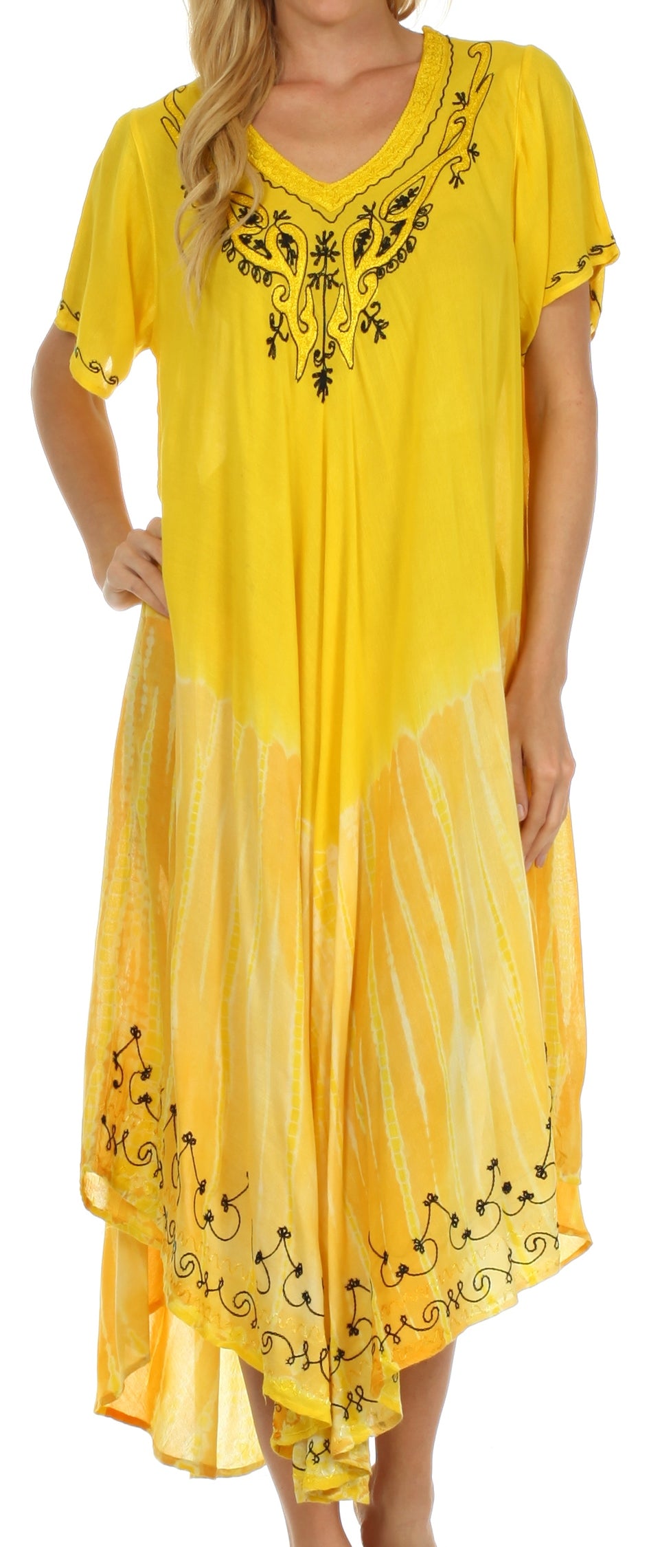 Yellow dress with black embroidery on a white background