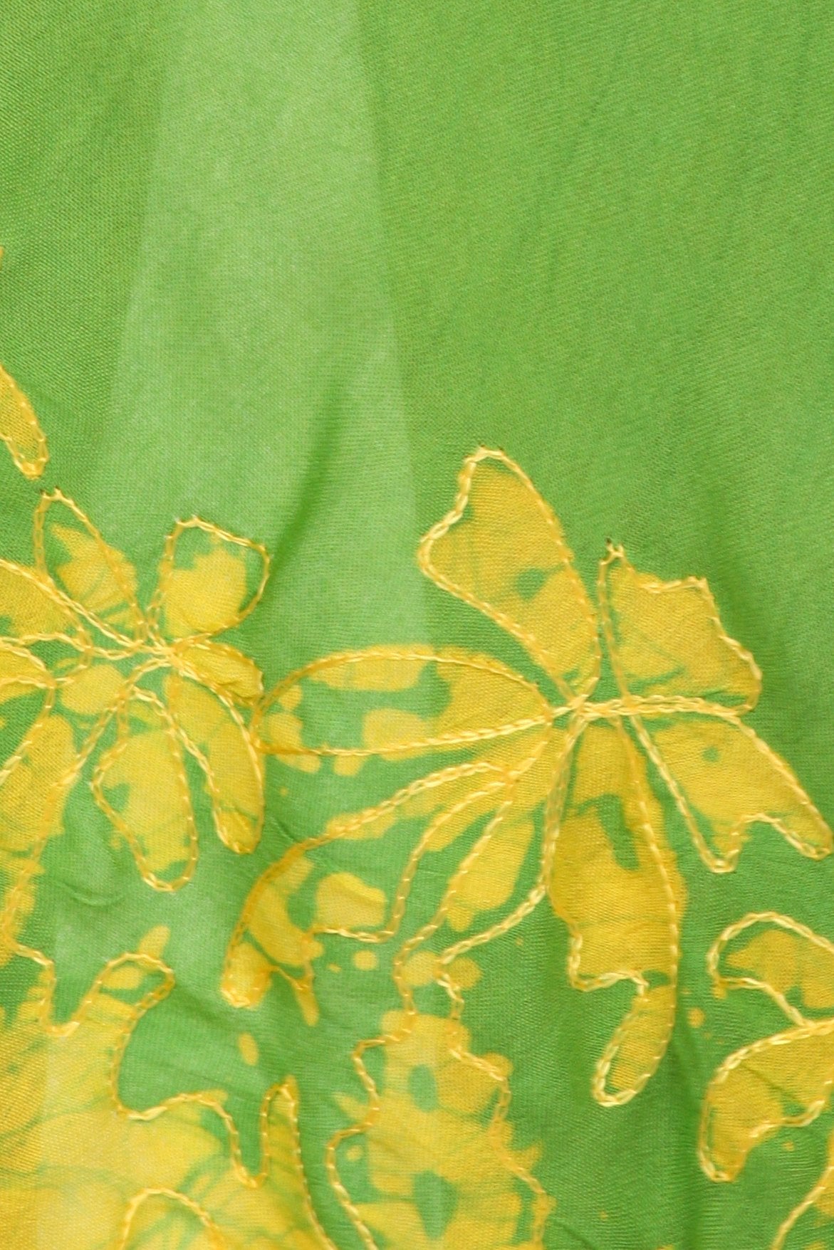 Close-up of green fabric with yellow leaf patterns