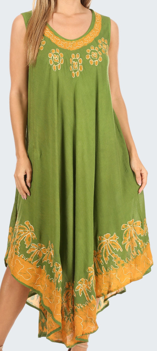 Green dress with yellow floral patterns on a white background