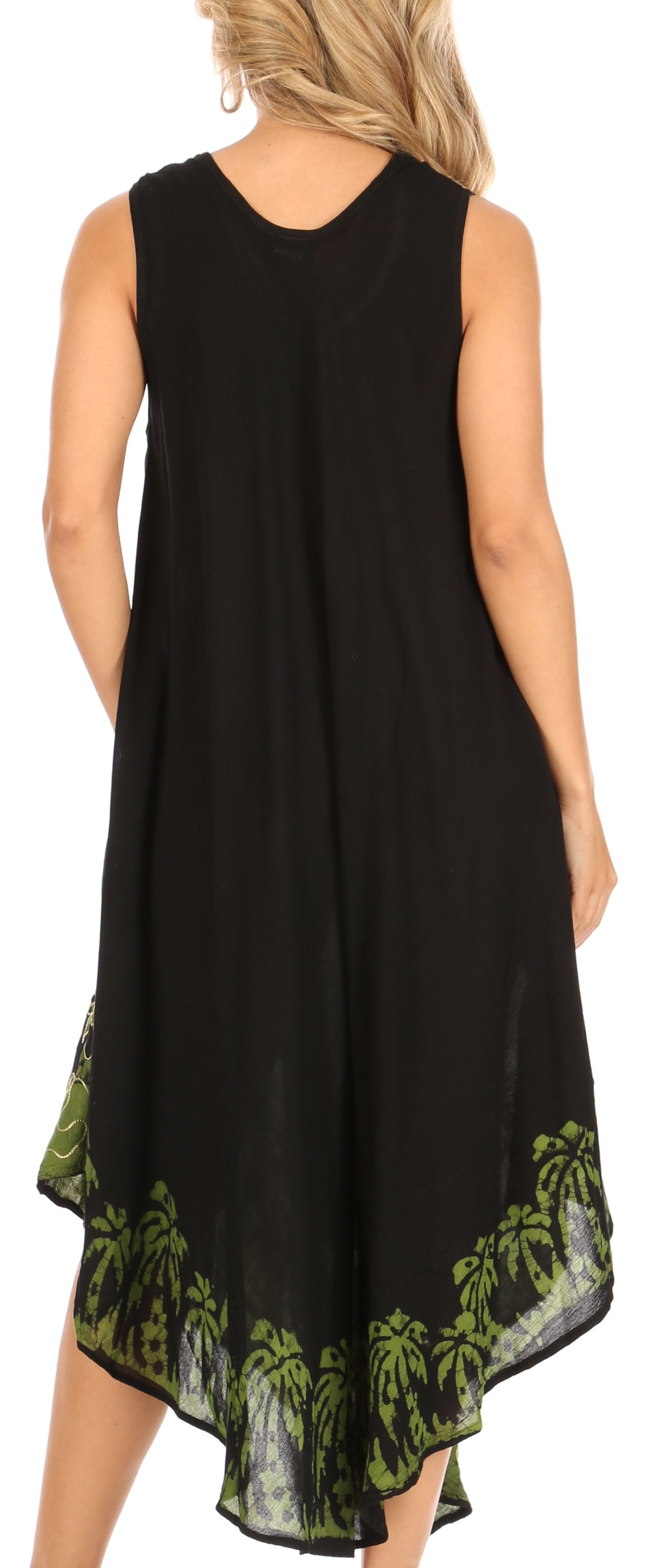 Black sleeveless dress with green palm tree pattern on a white background
