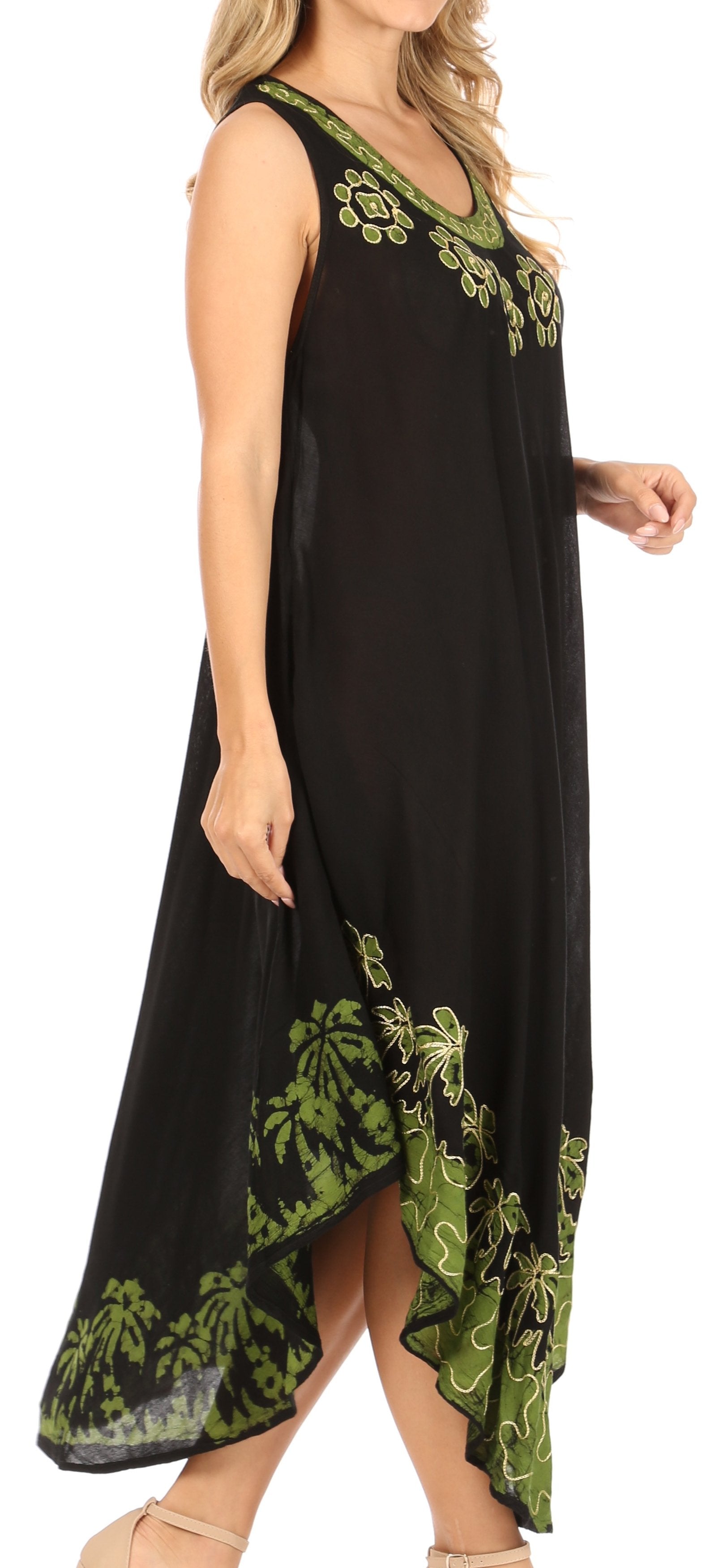 Black dress with green floral embroidery on a white background