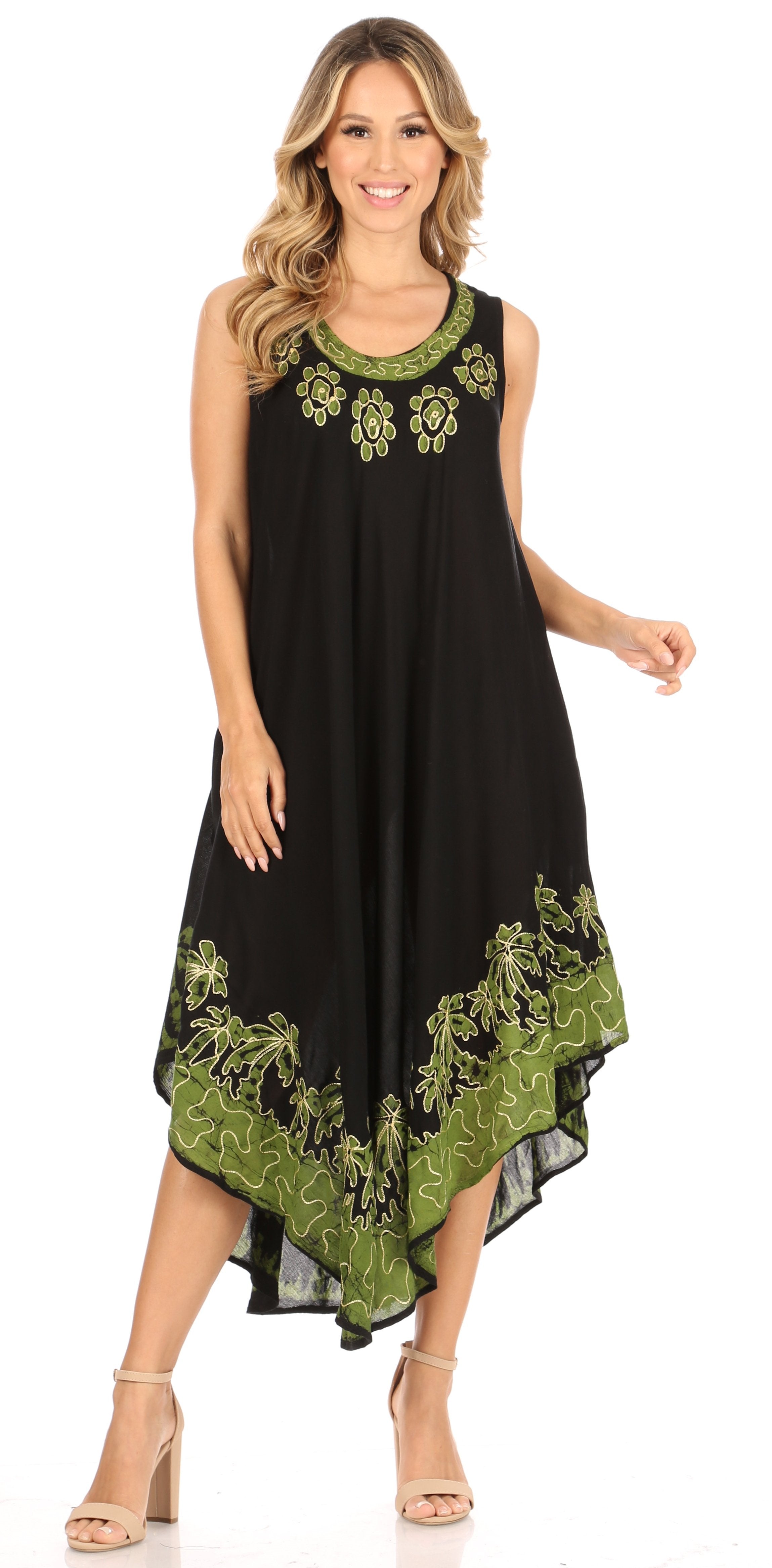 Black dress with green floral embroidery on a white background