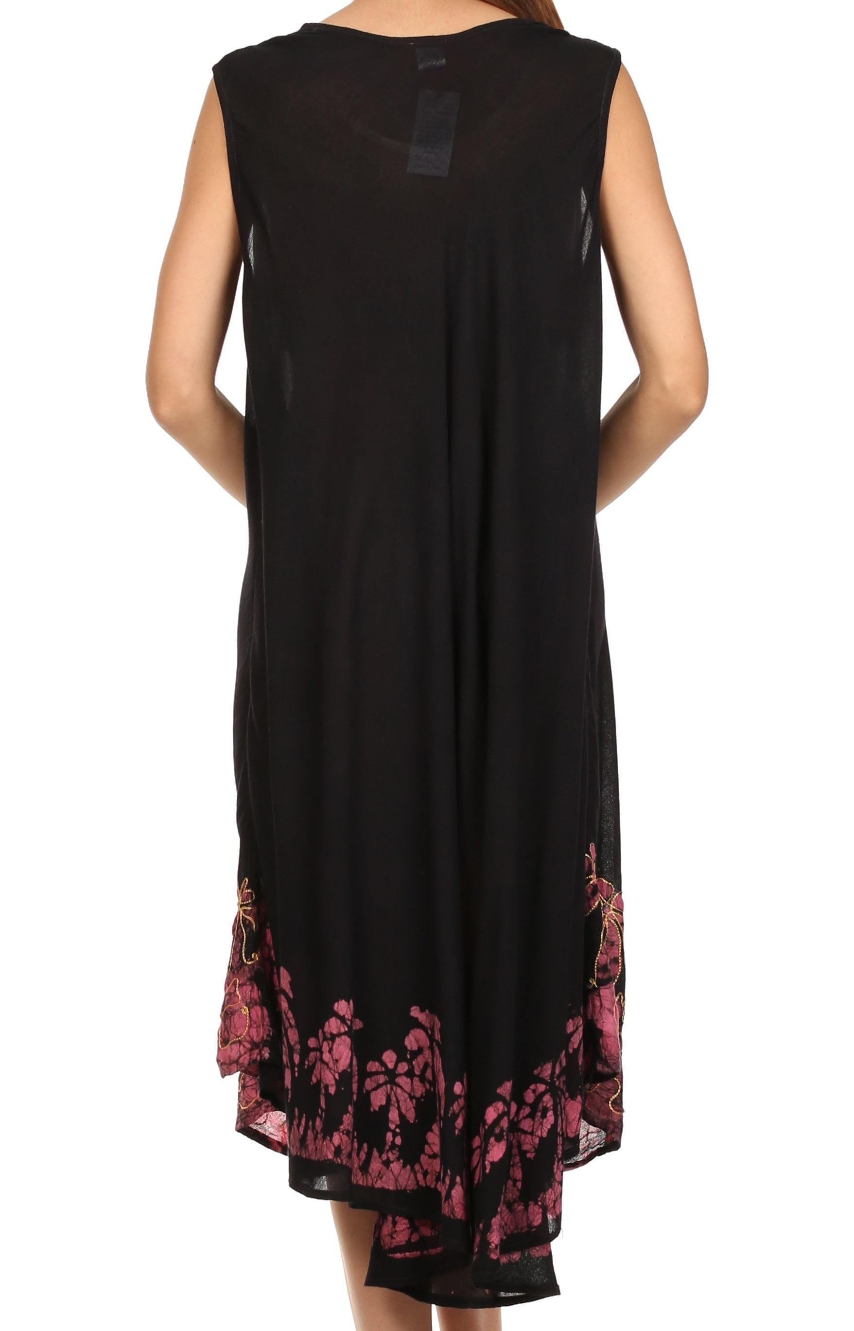Black sleeveless dress with pink floral pattern on a white background