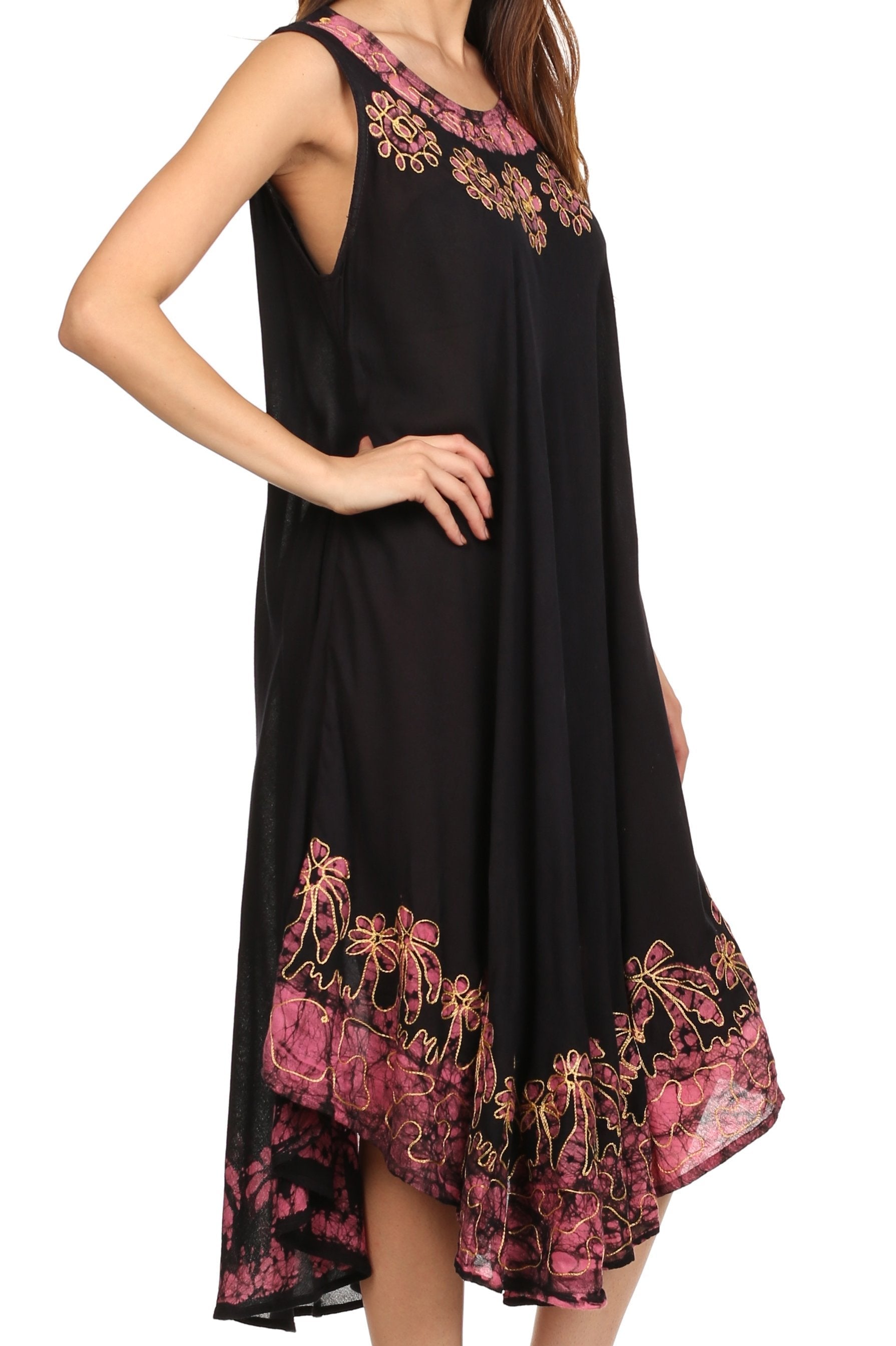 Black dress with pink floral embroidery on a white background