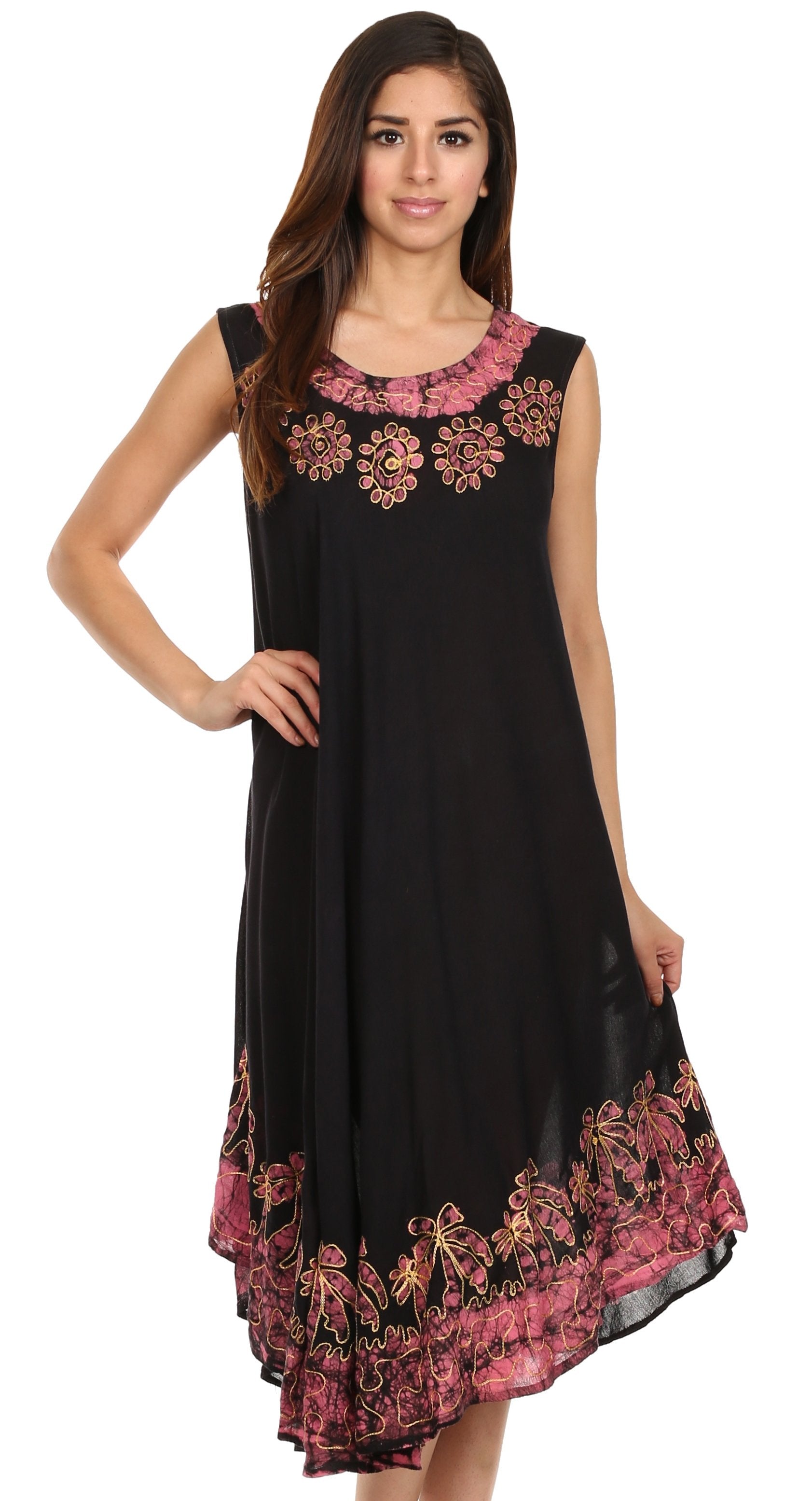 Black dress with pink floral embroidery on a white background