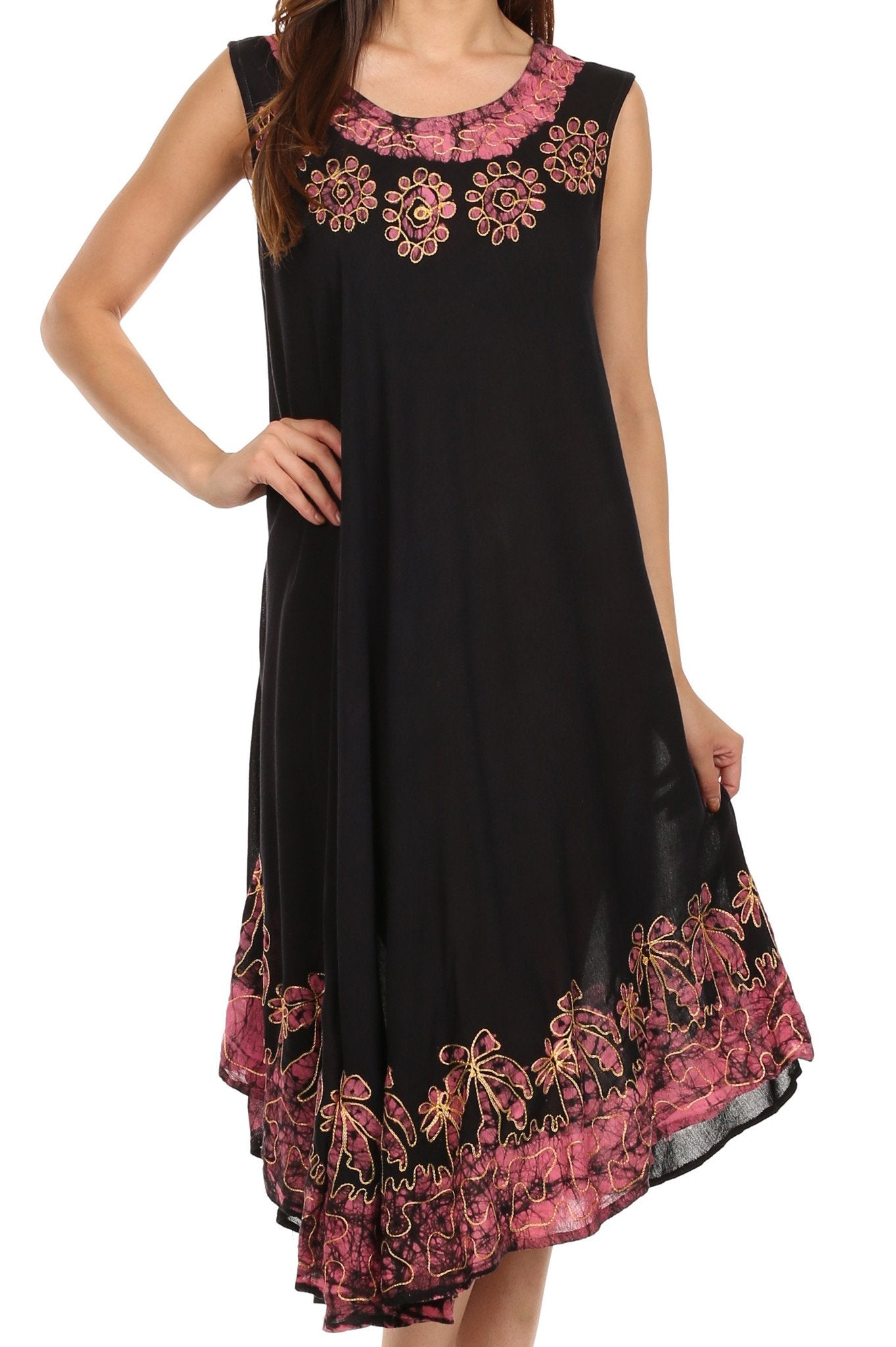 Black dress with pink floral embroidery on a white background