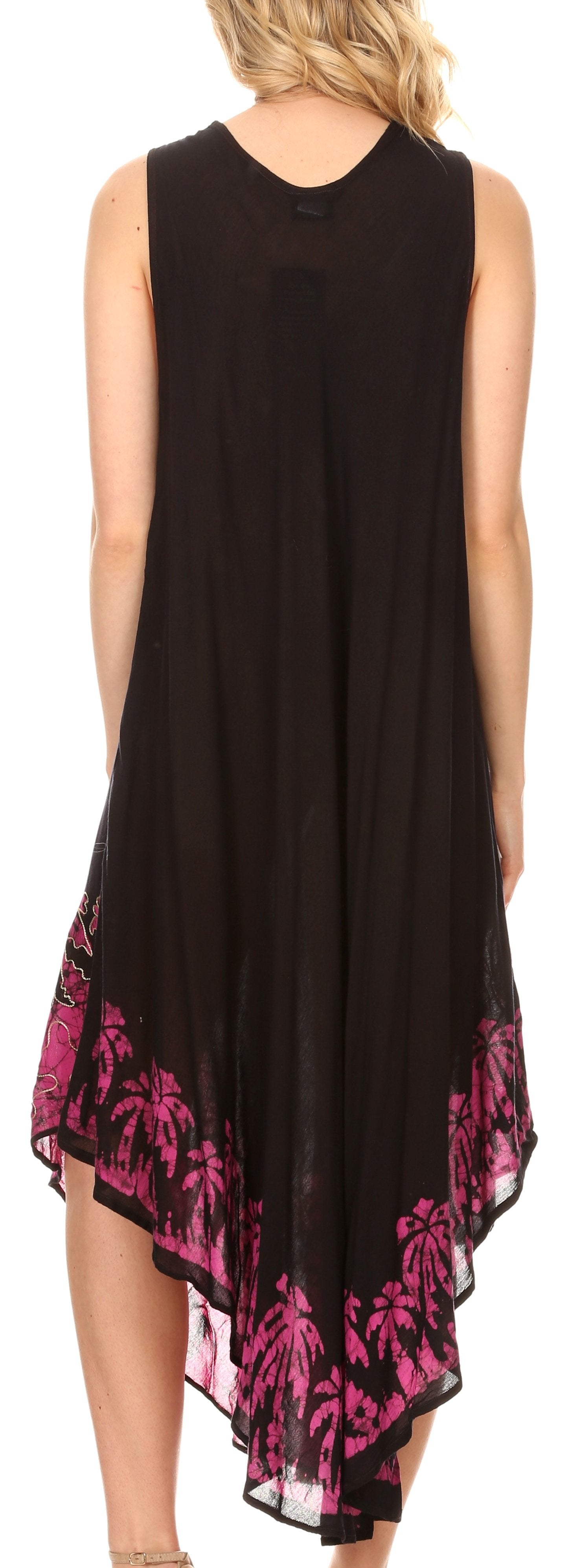 Black sleeveless dress with pink floral patterns on the hem, worn by a model.