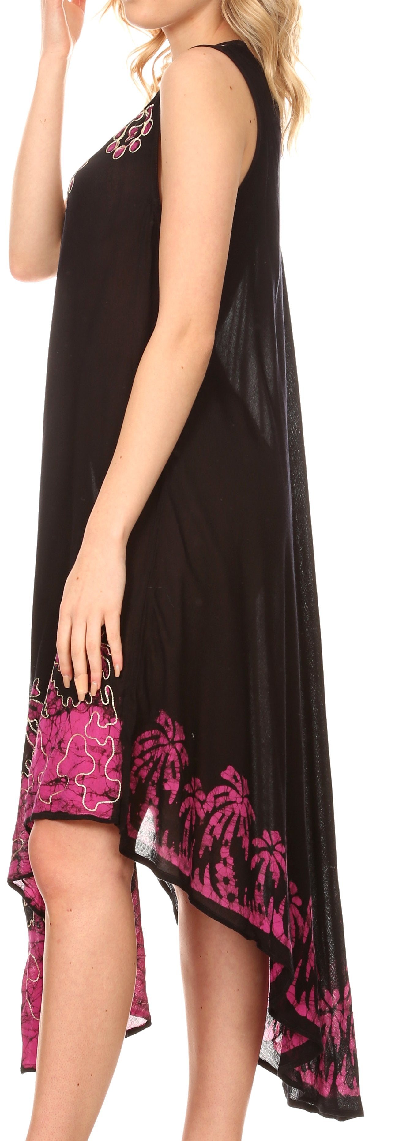 Black dress with pink floral patterns on a white background