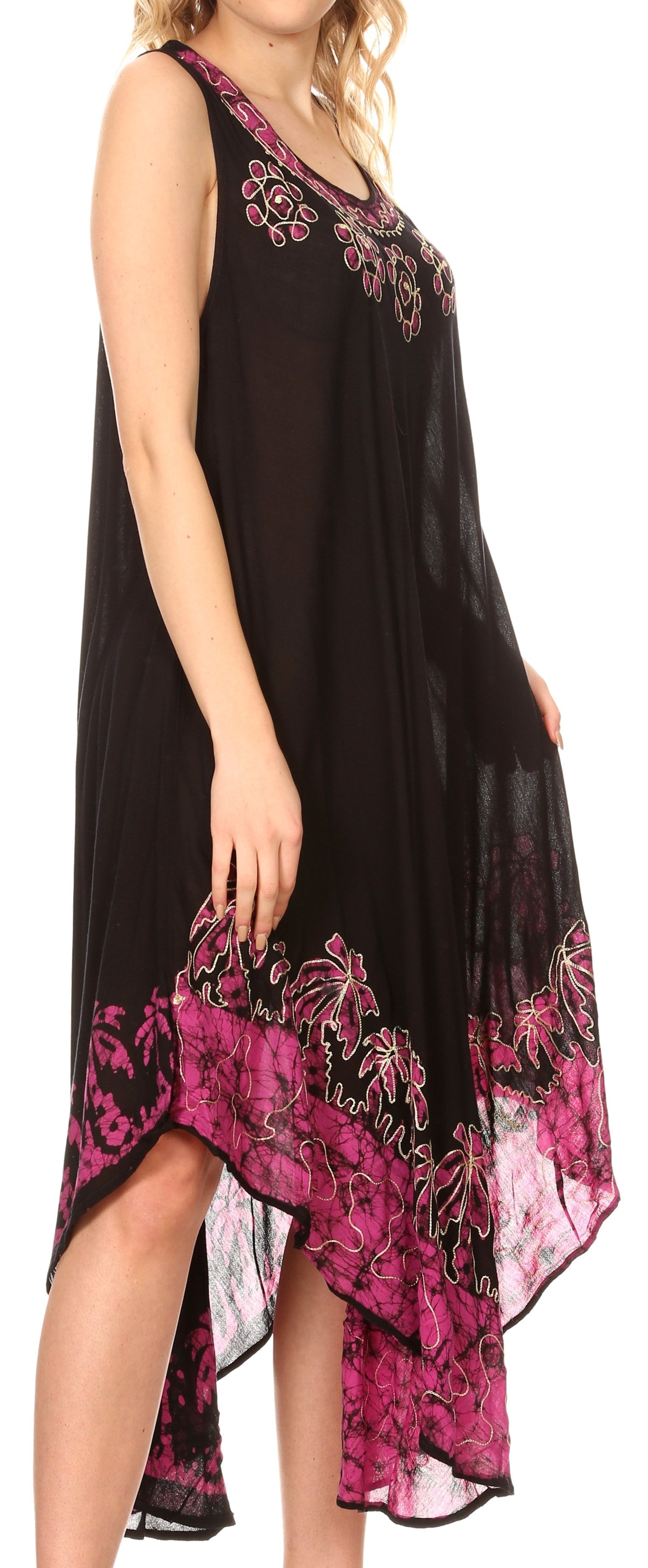 Black dress with pink floral patterns on a white background