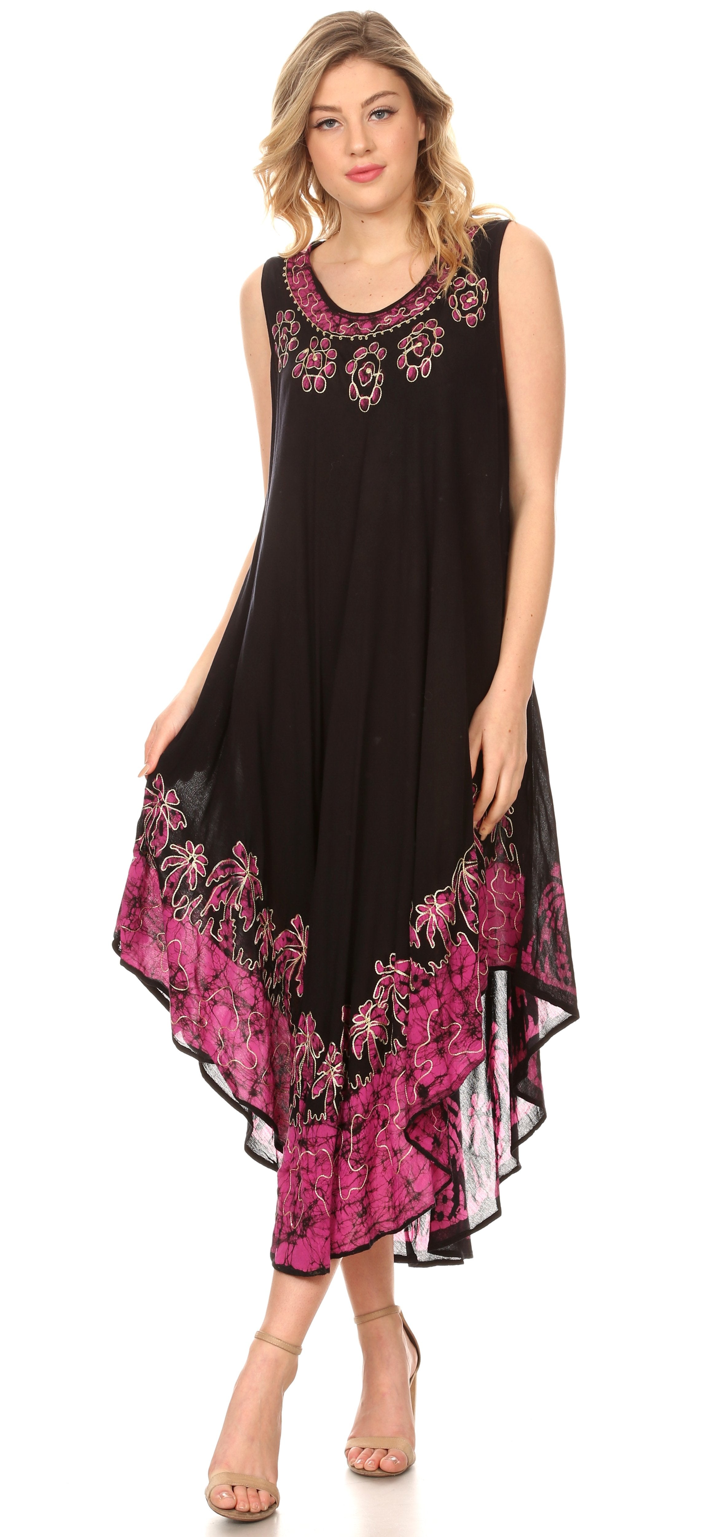 Woman wearing a black and pink floral dress on a white background