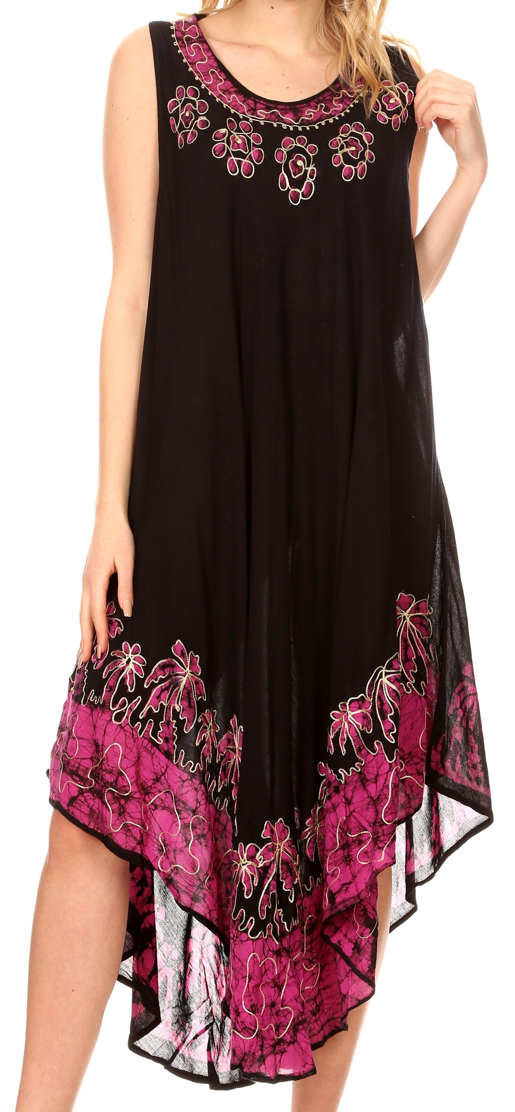 Black dress with pink floral embroidery on a white background