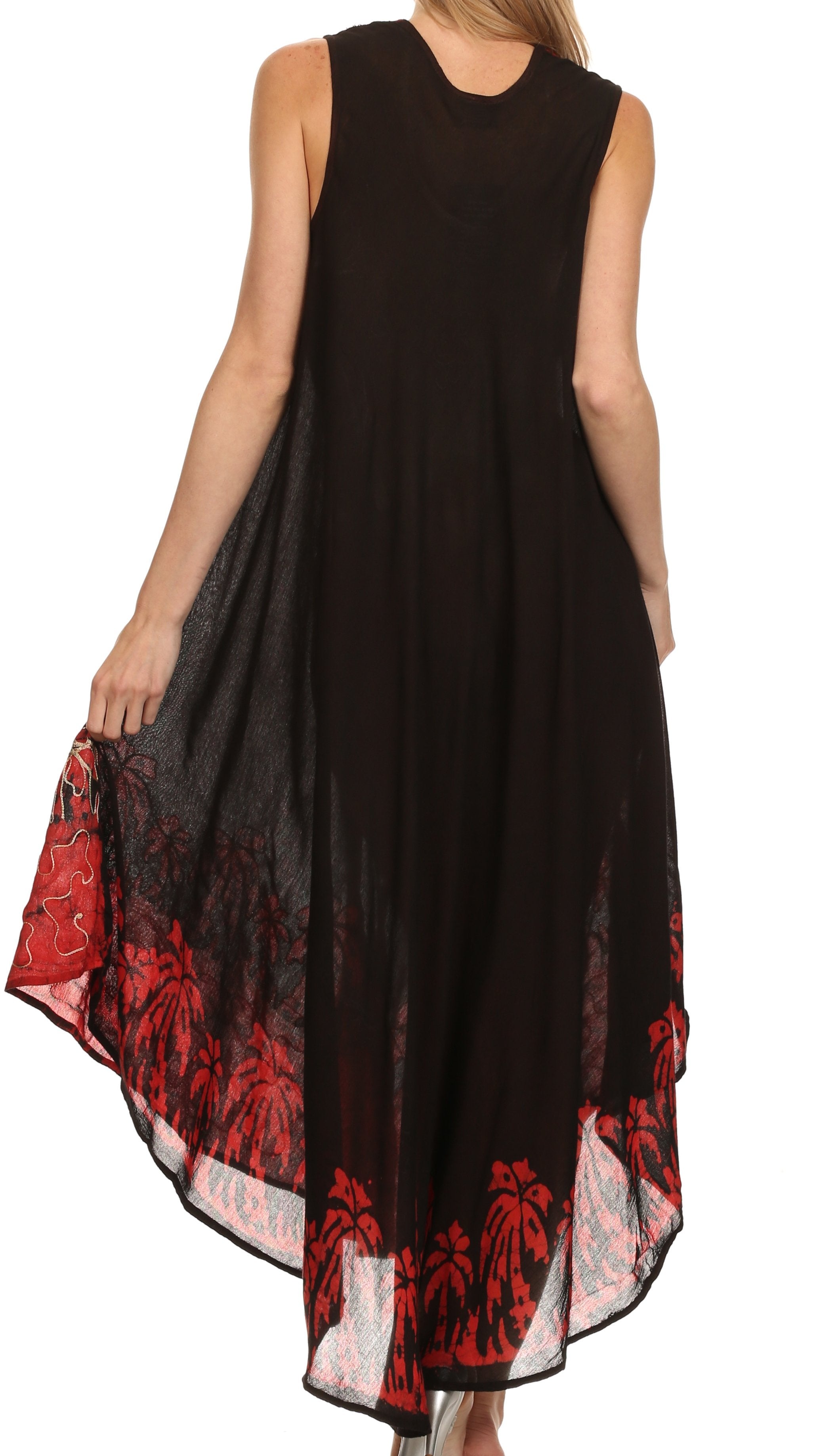 Black dress with red floral patterns on a white background