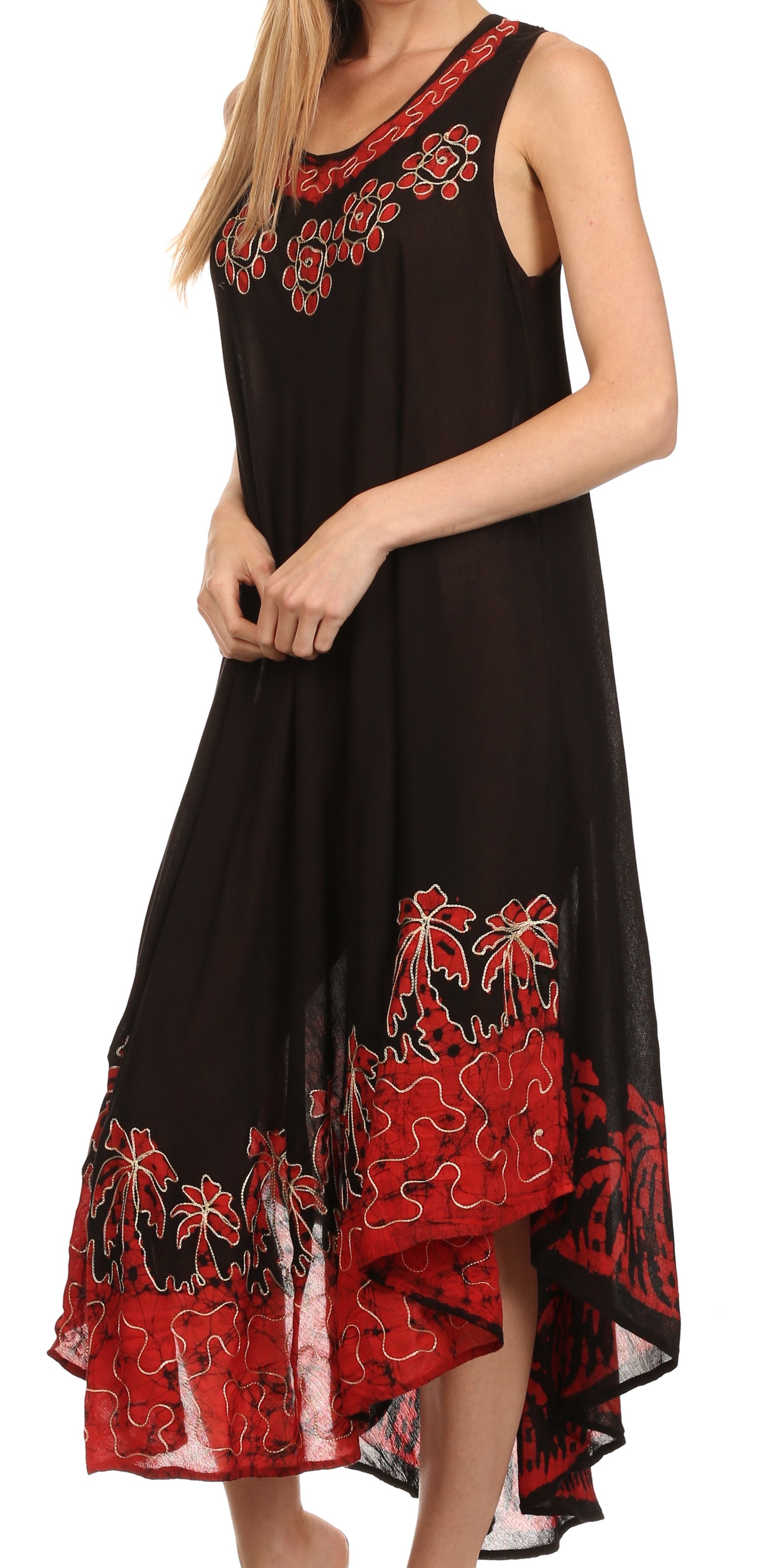 Black dress with red floral embroidery on a white background
