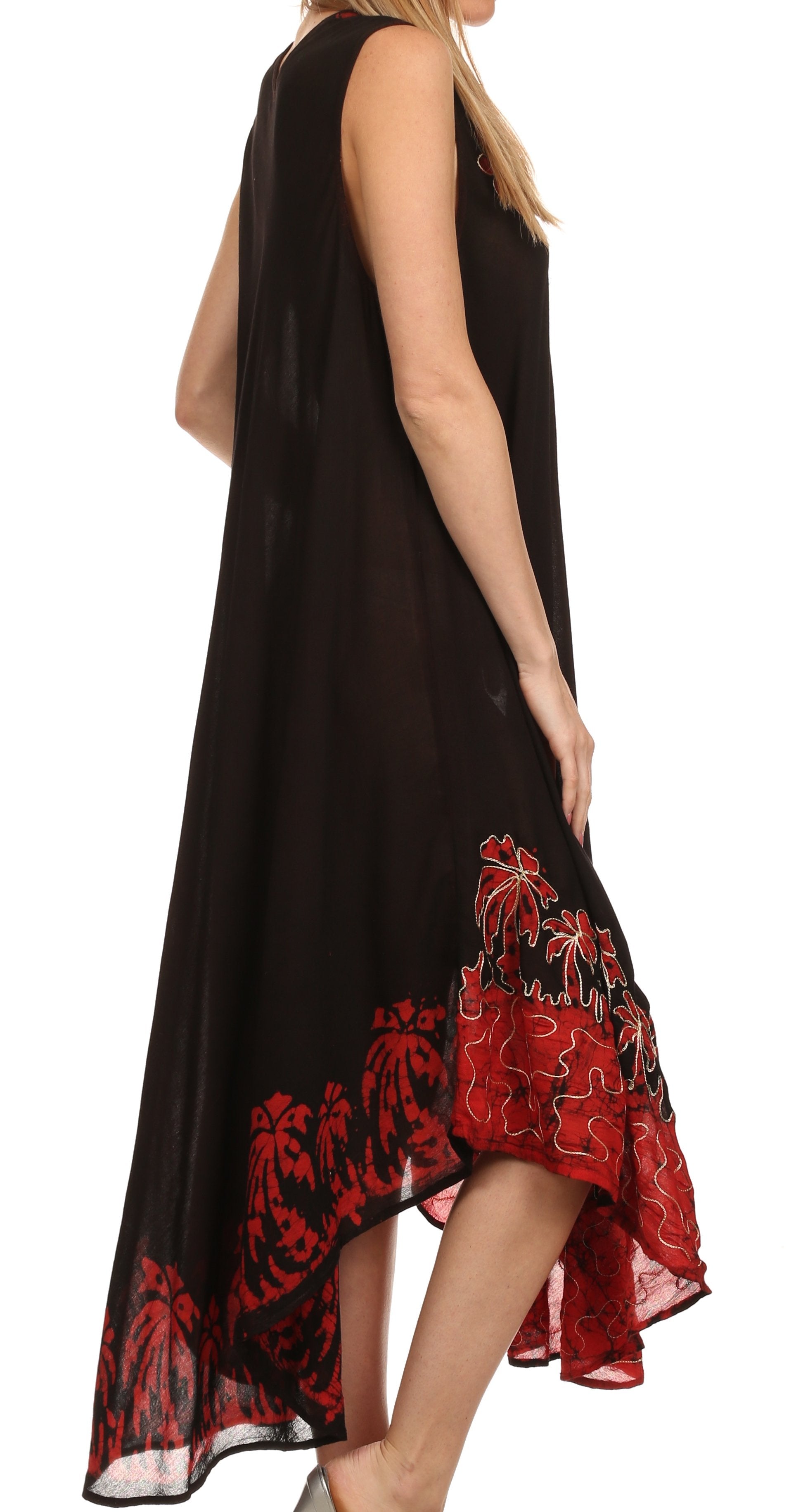 Black dress with red floral embroidery on a white background
