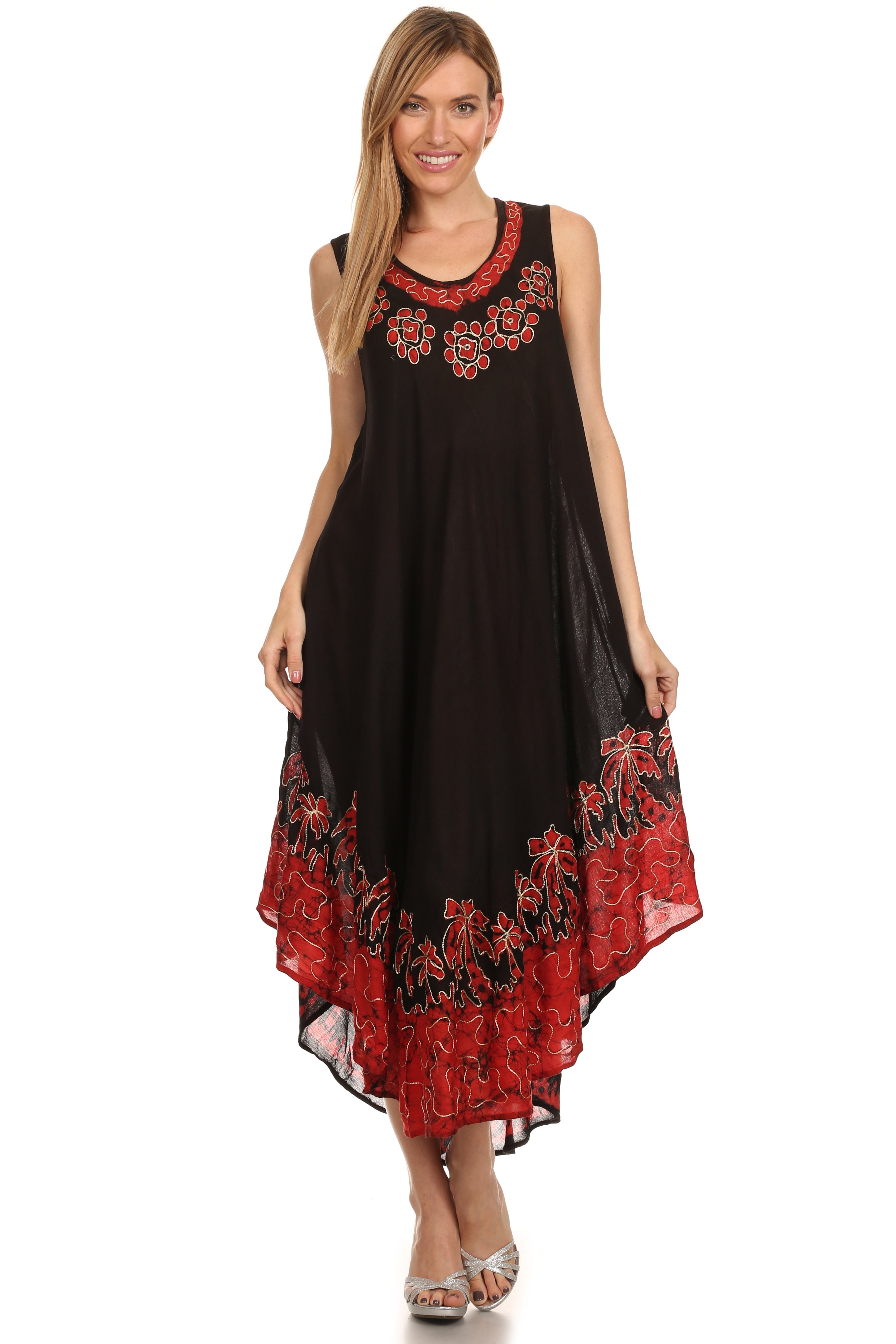 Woman wearing a black and red floral dress on a white background