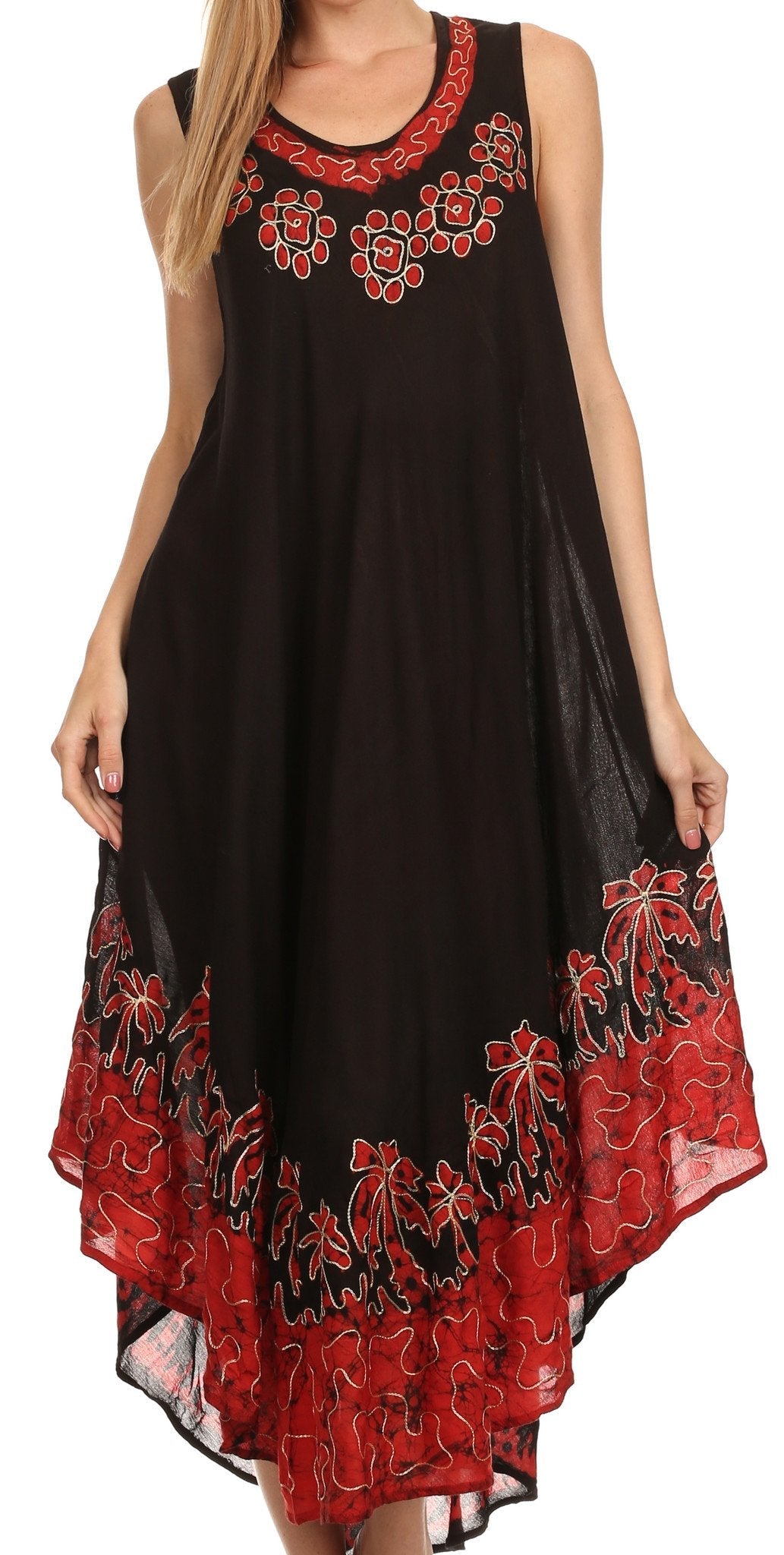 Black dress with red floral embroidery on a white background