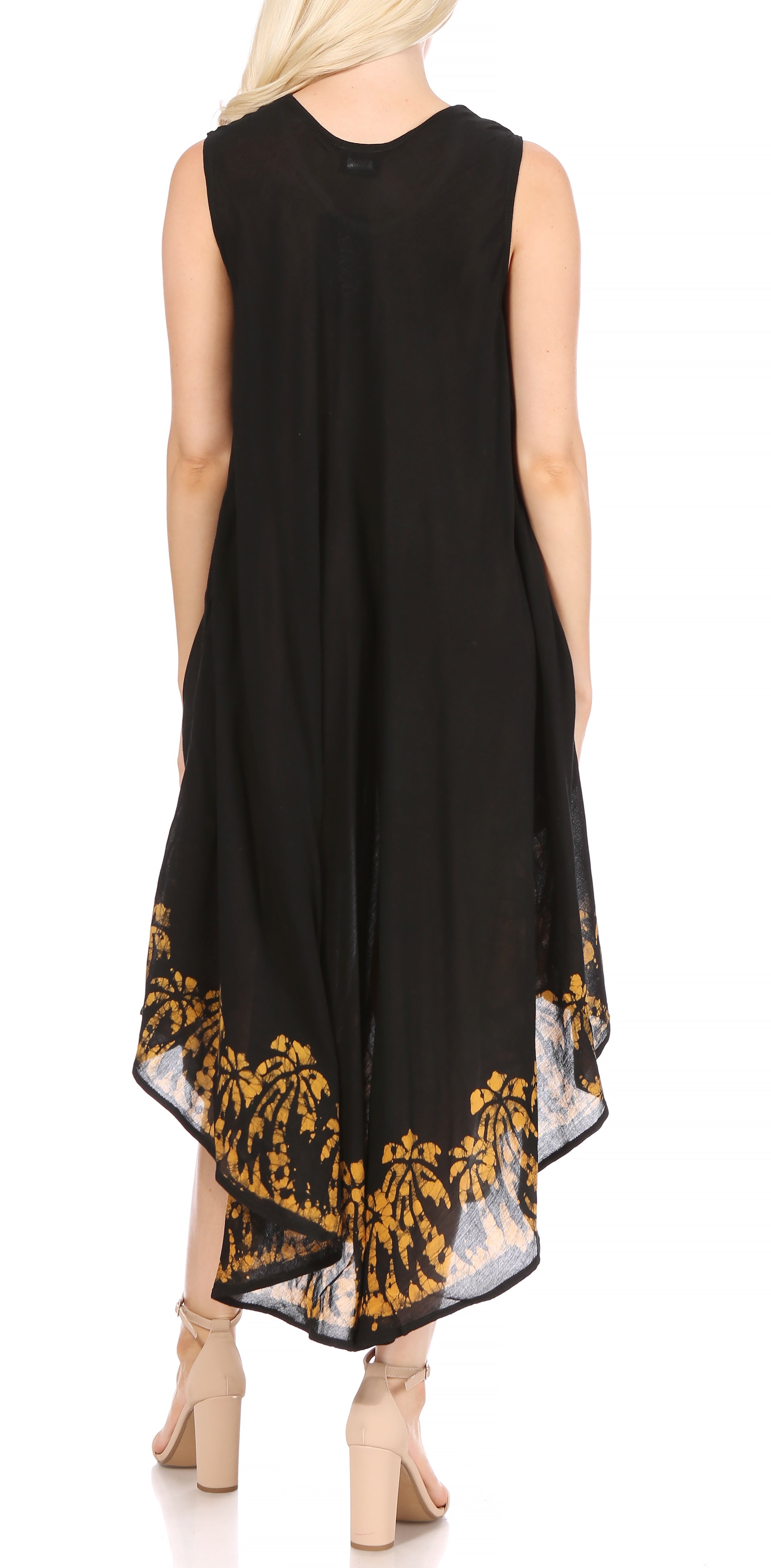 Black sleeveless dress with yellow floral patterns on a white background