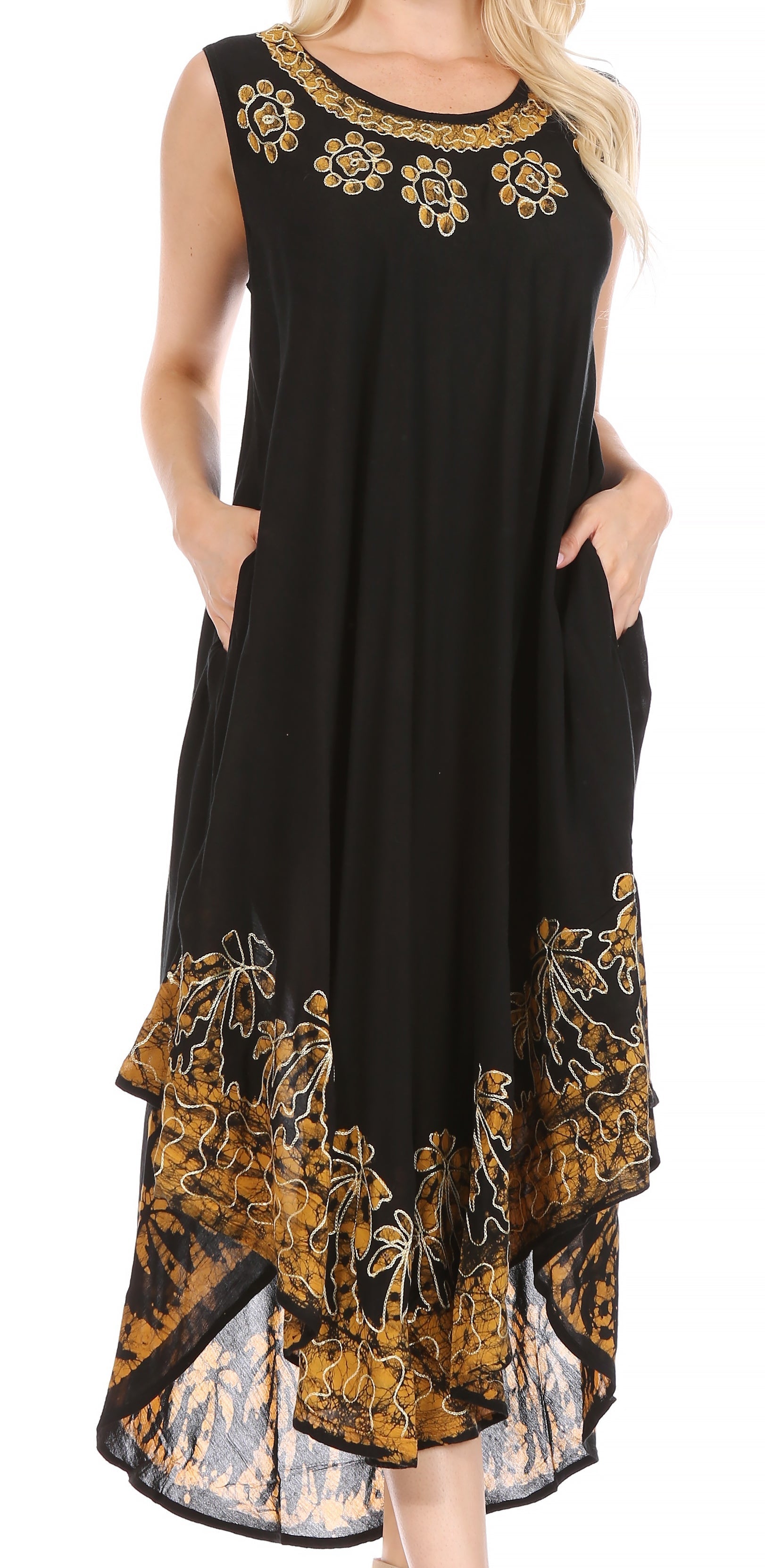 Black dress with gold floral embroidery on a white background