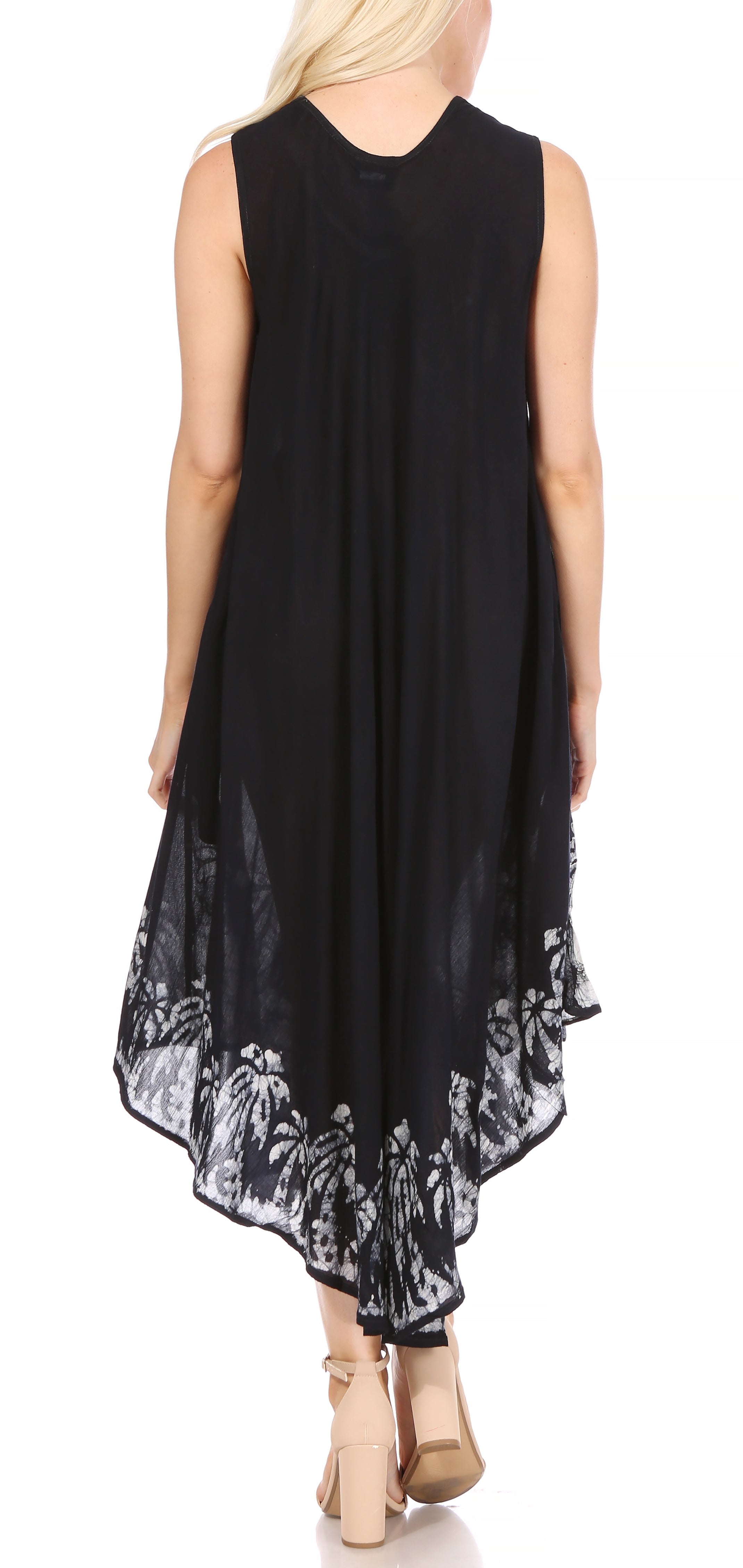 Black sleeveless dress with floral hemline on a white background