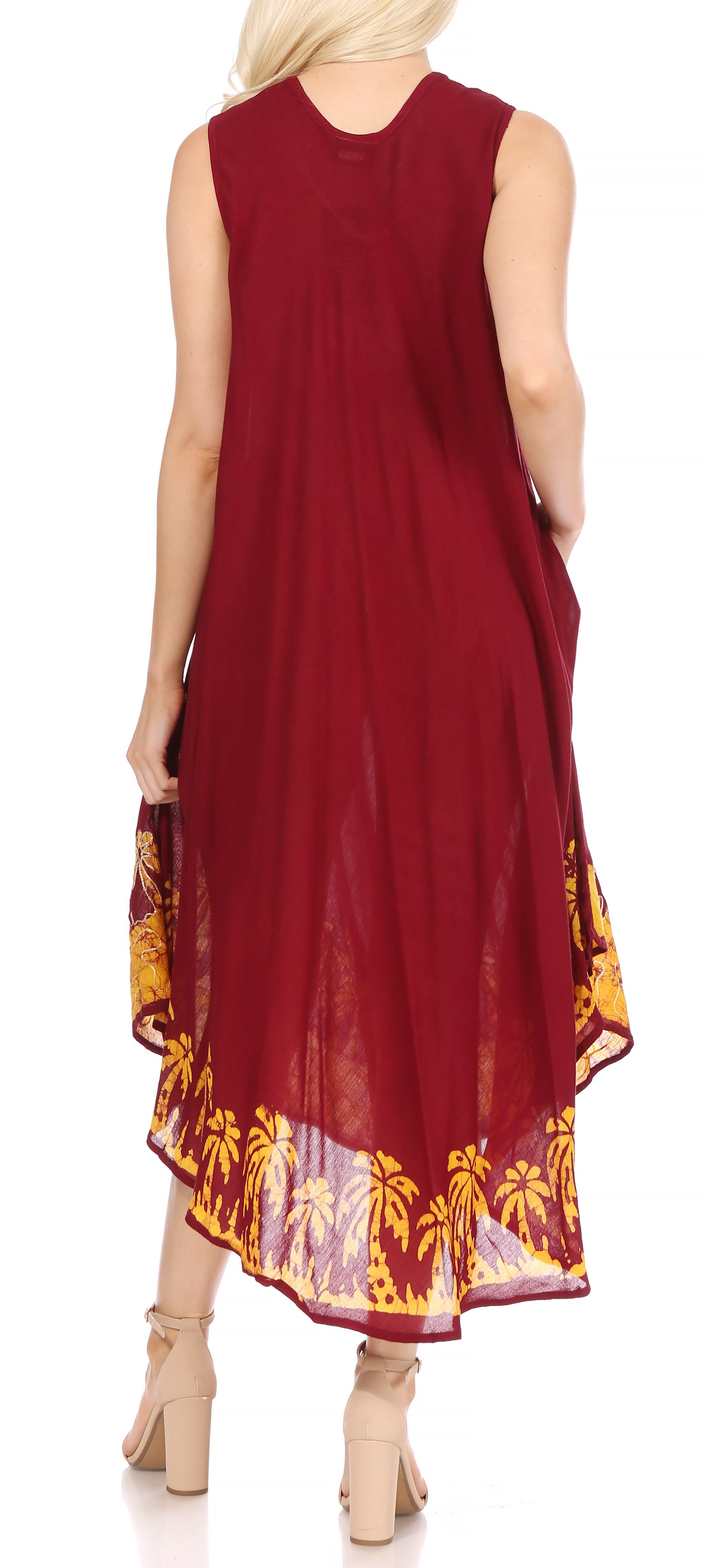 Maroon sleeveless dress with yellow palm tree pattern on a white background