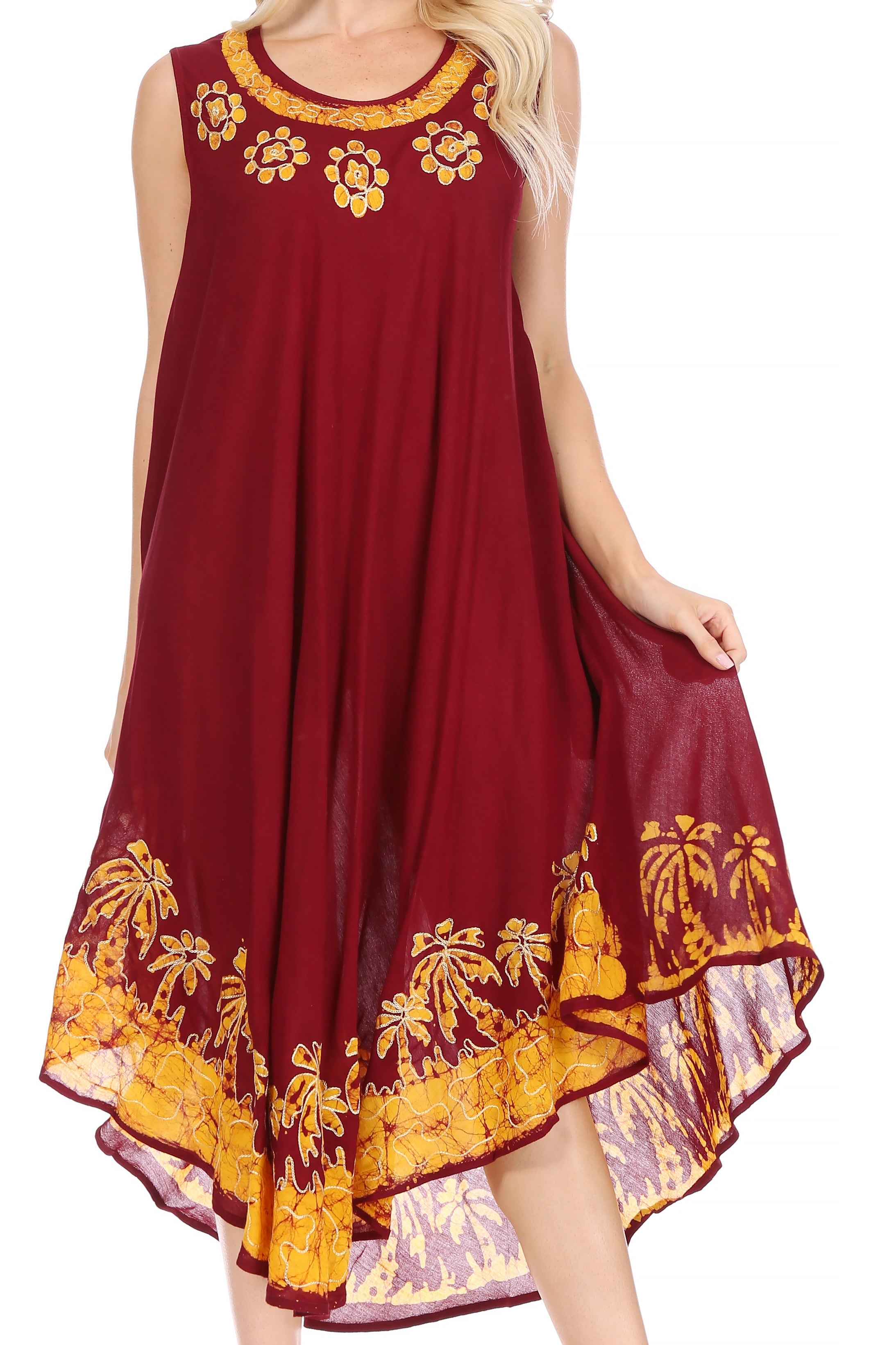 Red dress with yellow floral embroidery on a white background