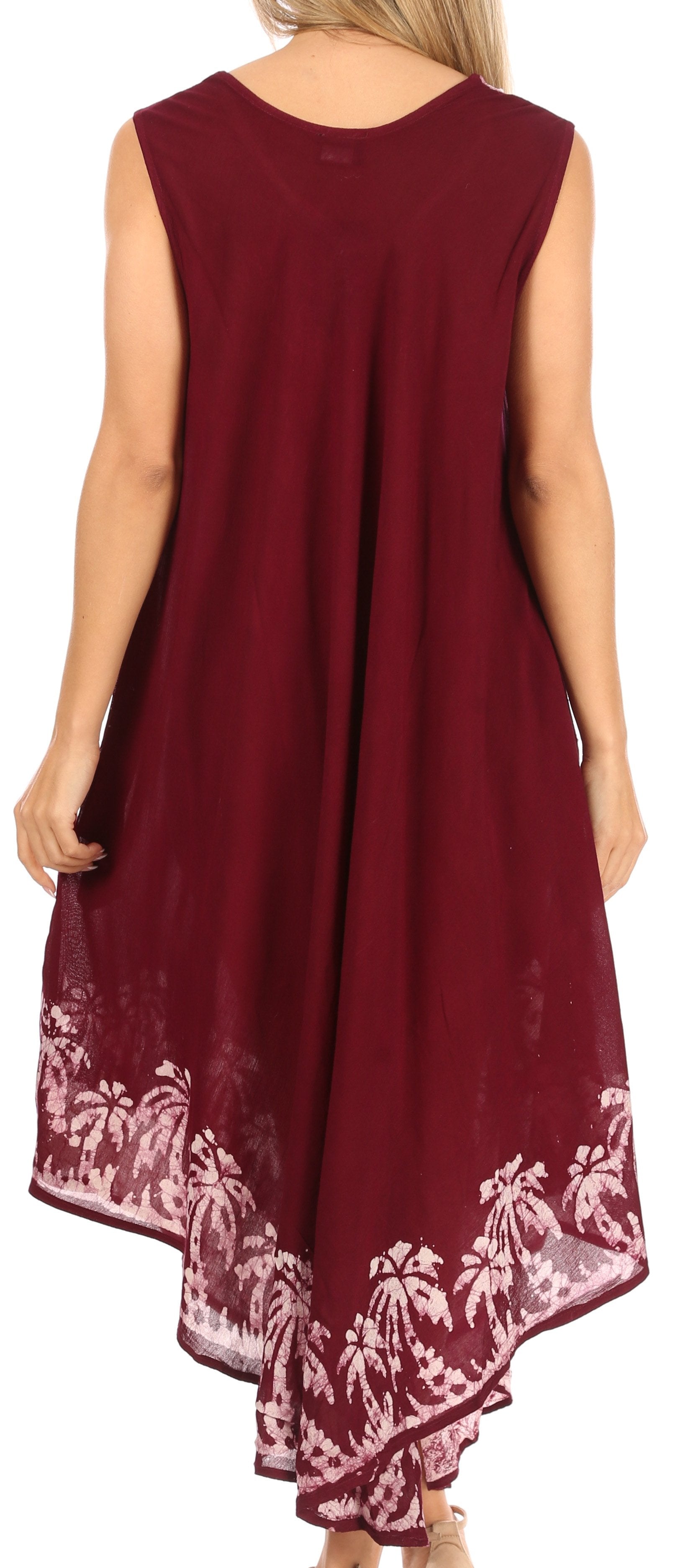 Maroon sleeveless dress with palm tree pattern on a white background