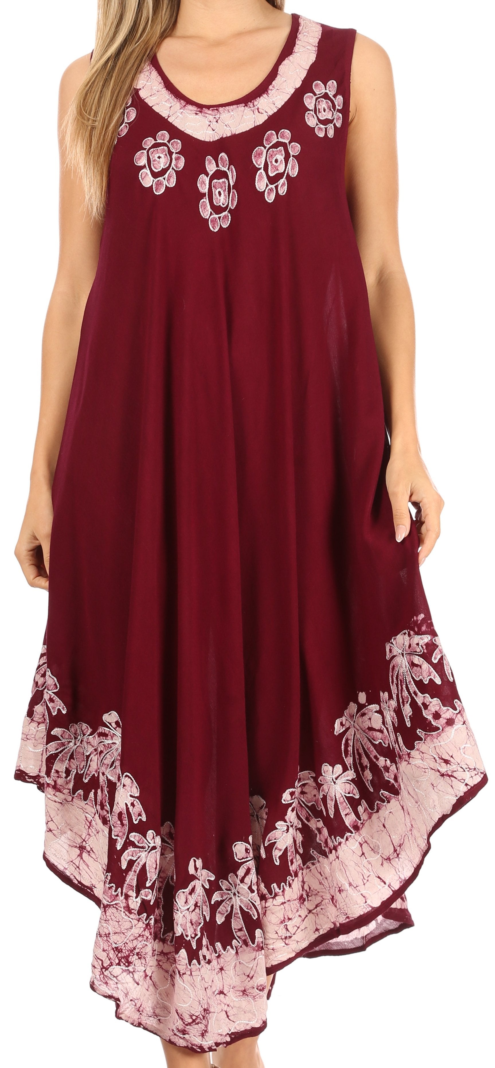 Wine-colored dress with floral embroidery on a plain background