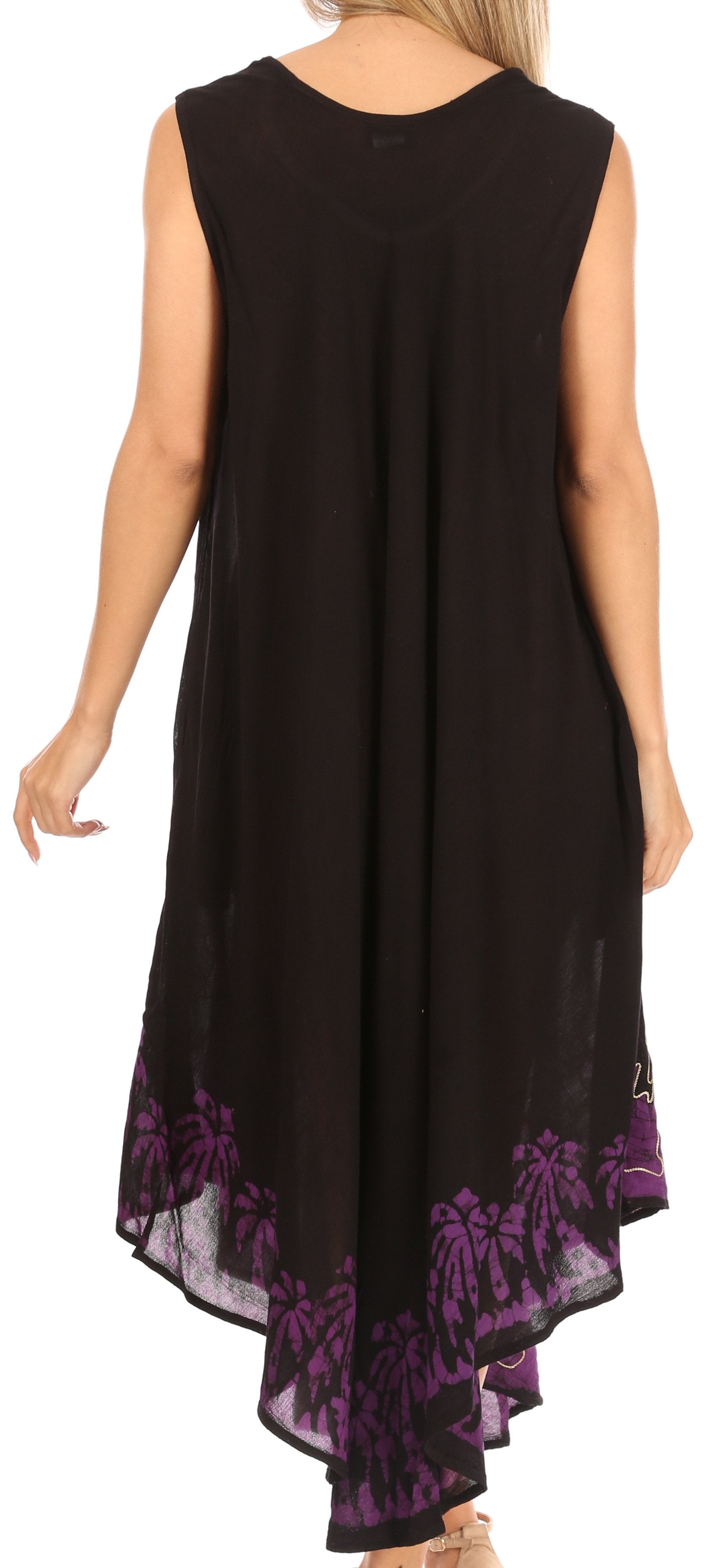 Black sleeveless dress with purple palm tree pattern on a white background