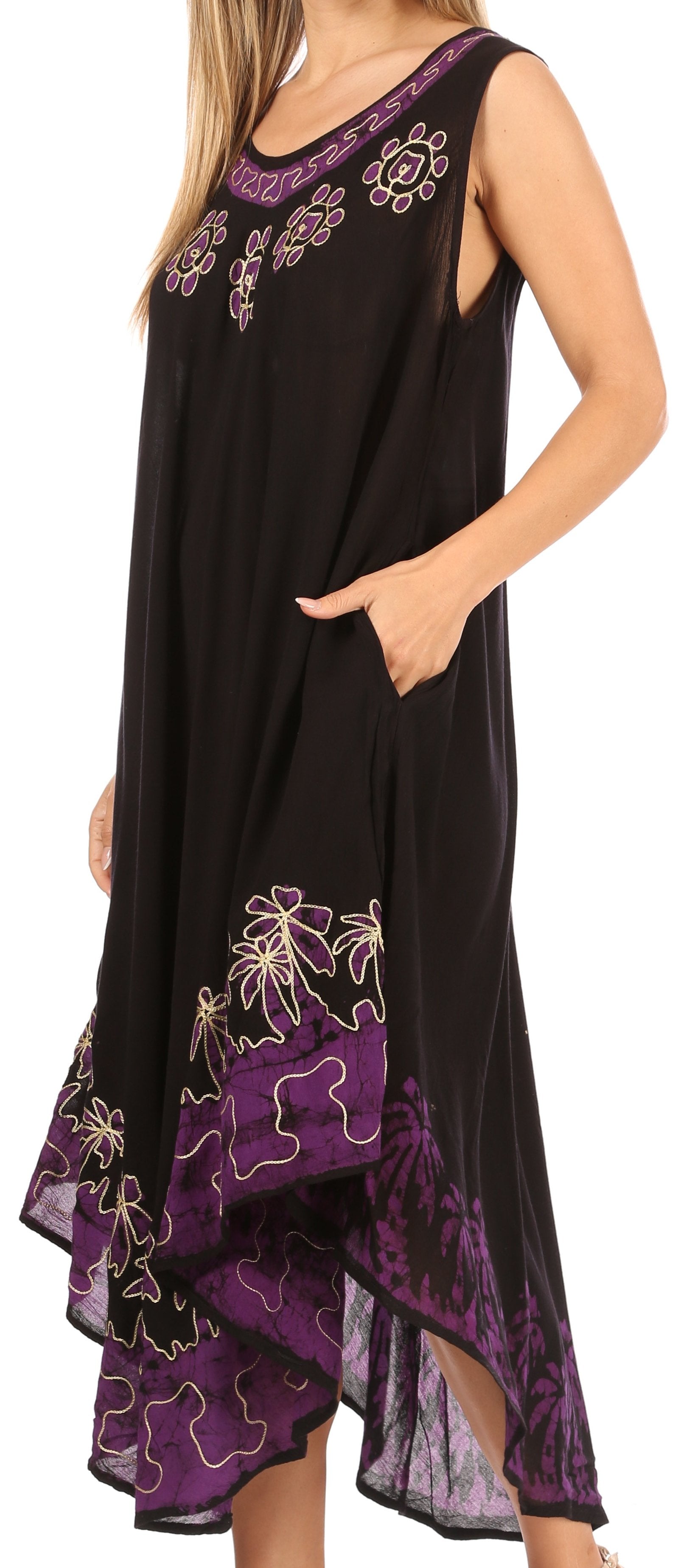 Black dress with purple floral embroidery on a model