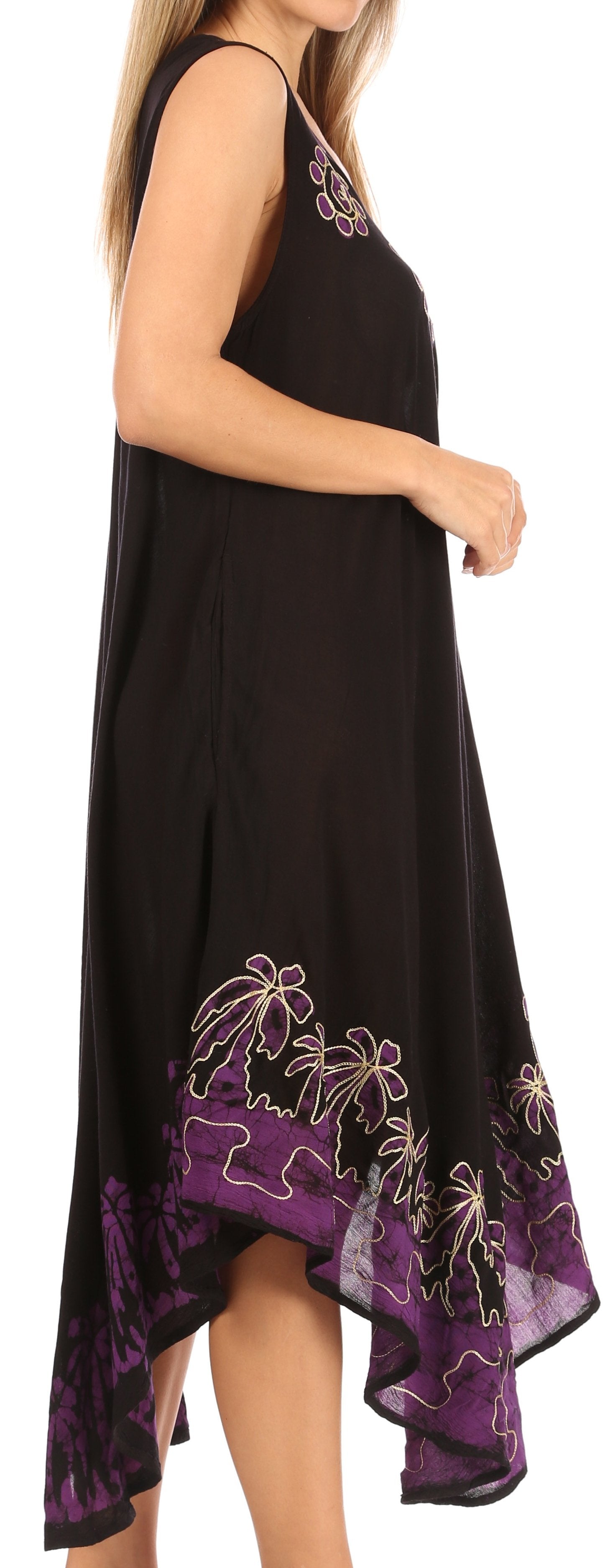 Black dress with purple floral embroidery on a plain background