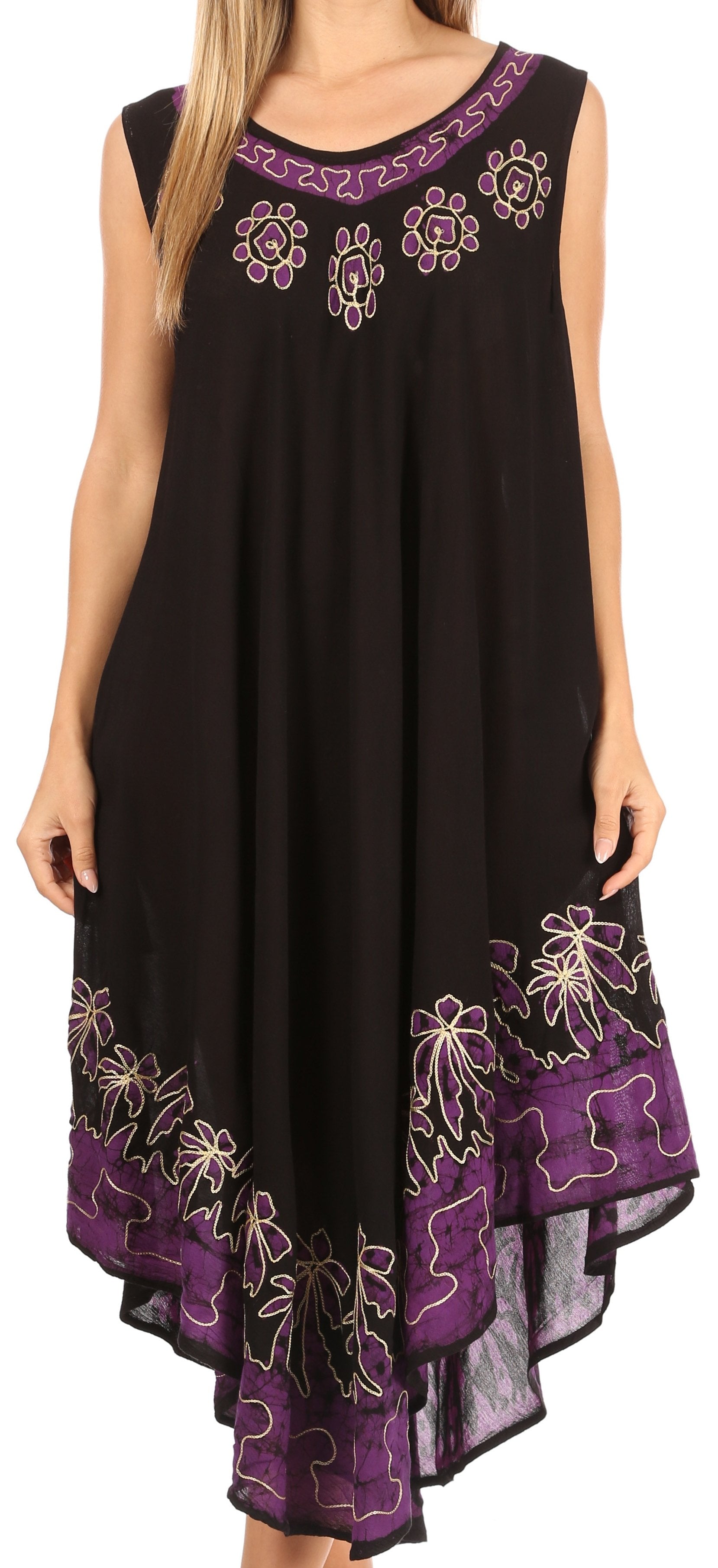 Black dress with purple floral embroidery on a white background