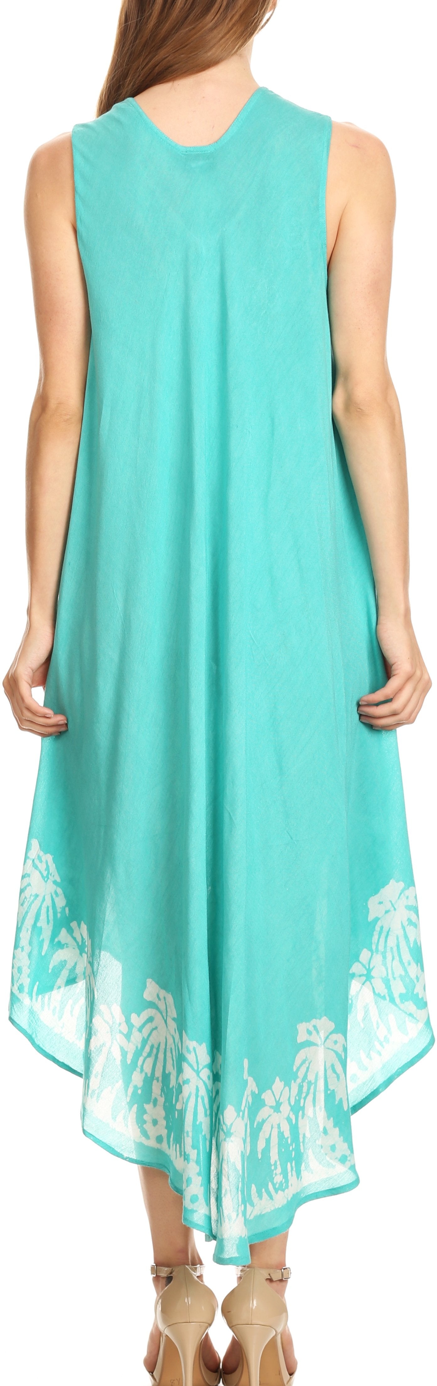 Turquoise sleeveless dress with white palm tree patterns on a plain background