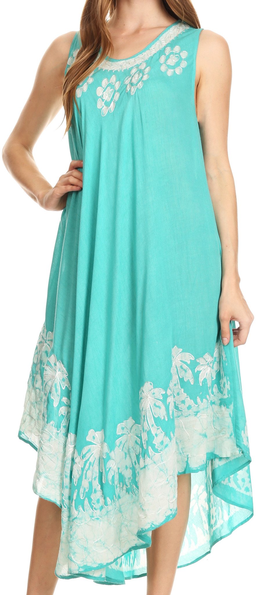 Turquoise dress with floral embroidery on a model