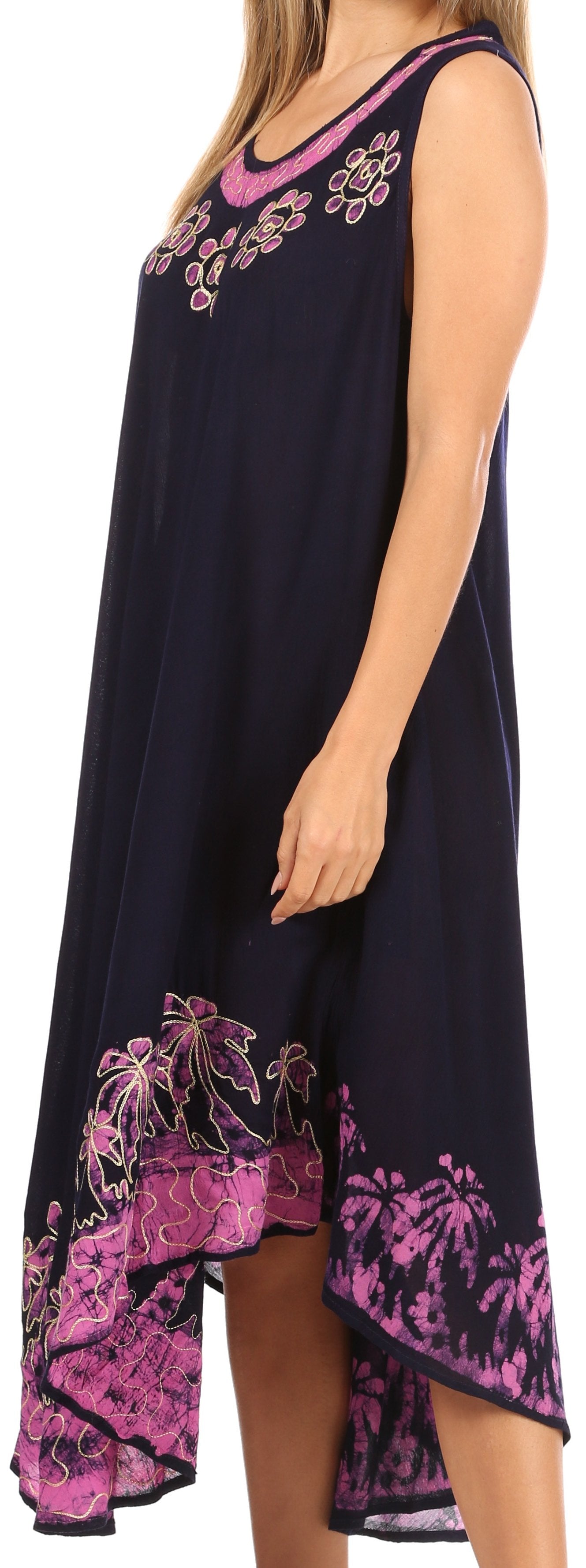 Navy sleeveless dress with pink floral embroidery on a white background