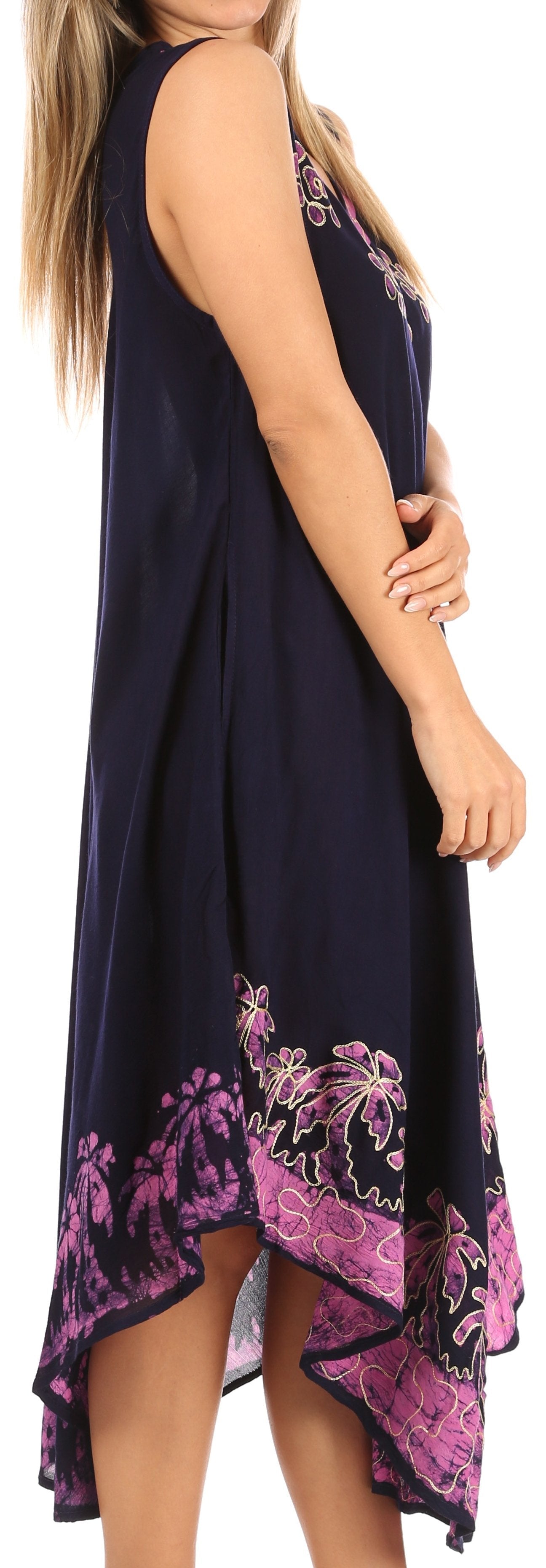 Navy sleeveless dress with pink floral patterns on a white background