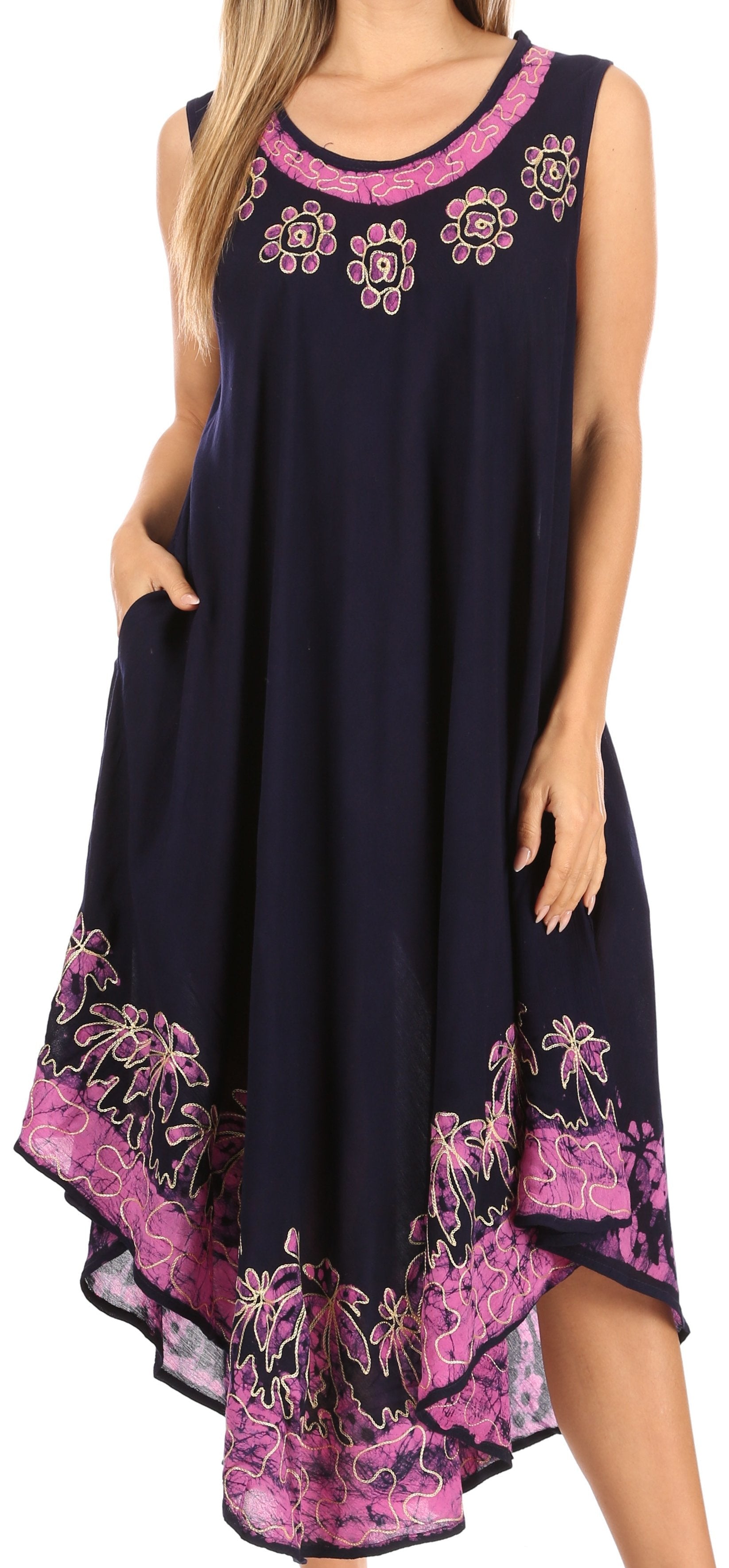 Navy blue dress with pink floral patterns on a white background