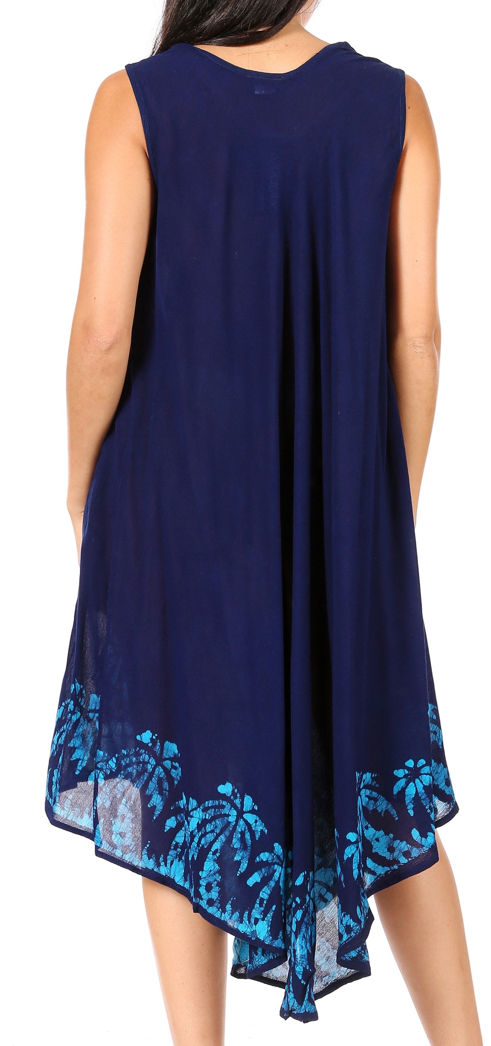 Navy blue sleeveless dress with blue floral patterns on a white background