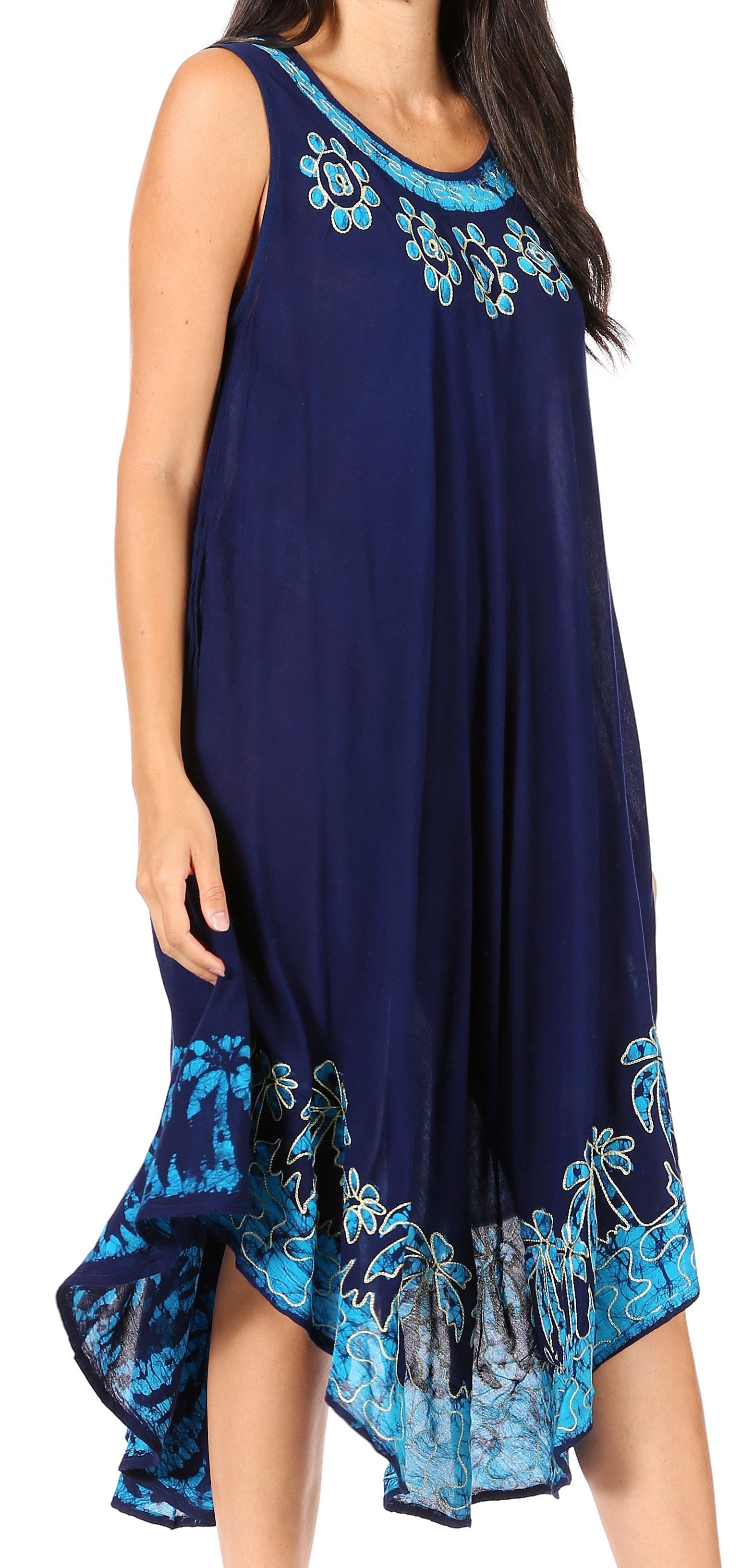 Navy blue dress with blue floral embroidery on a white background