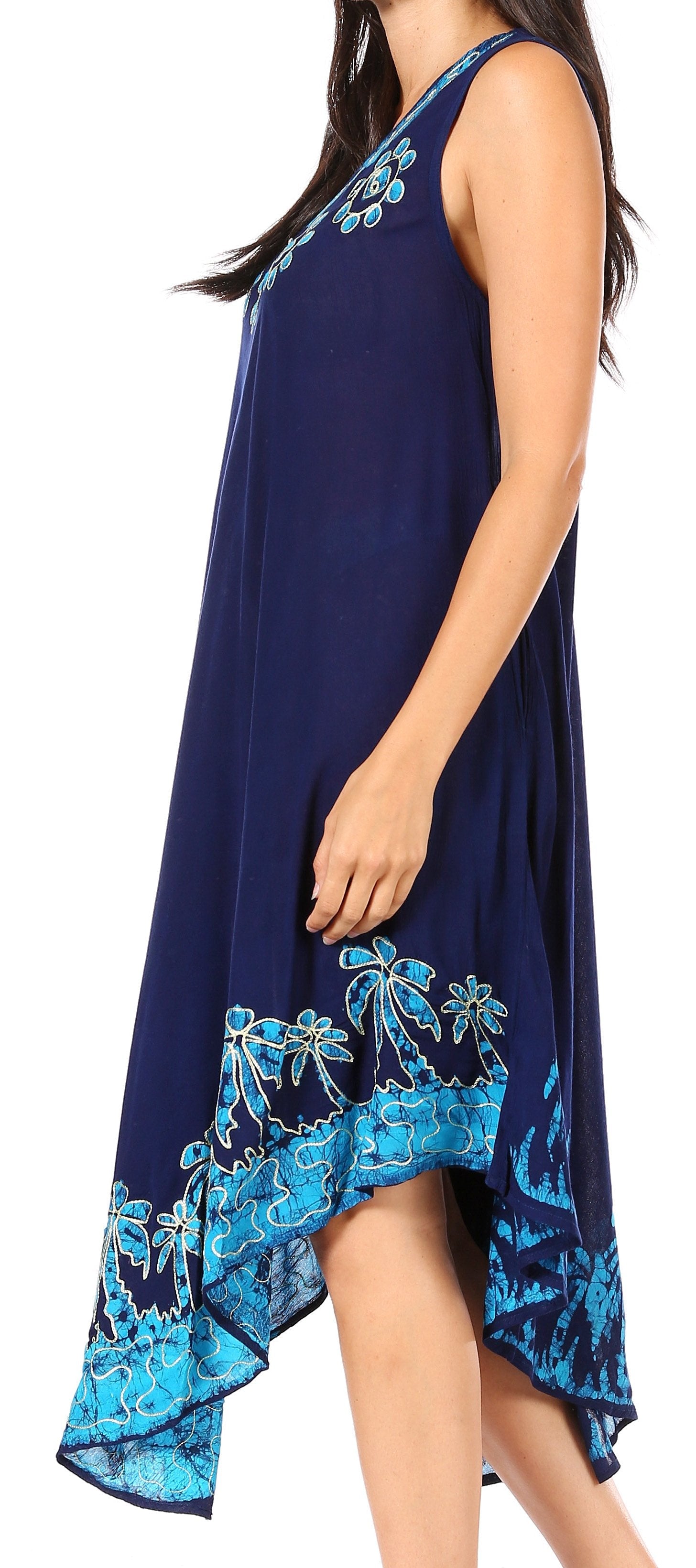 Navy blue dress with blue floral patterns on a white background