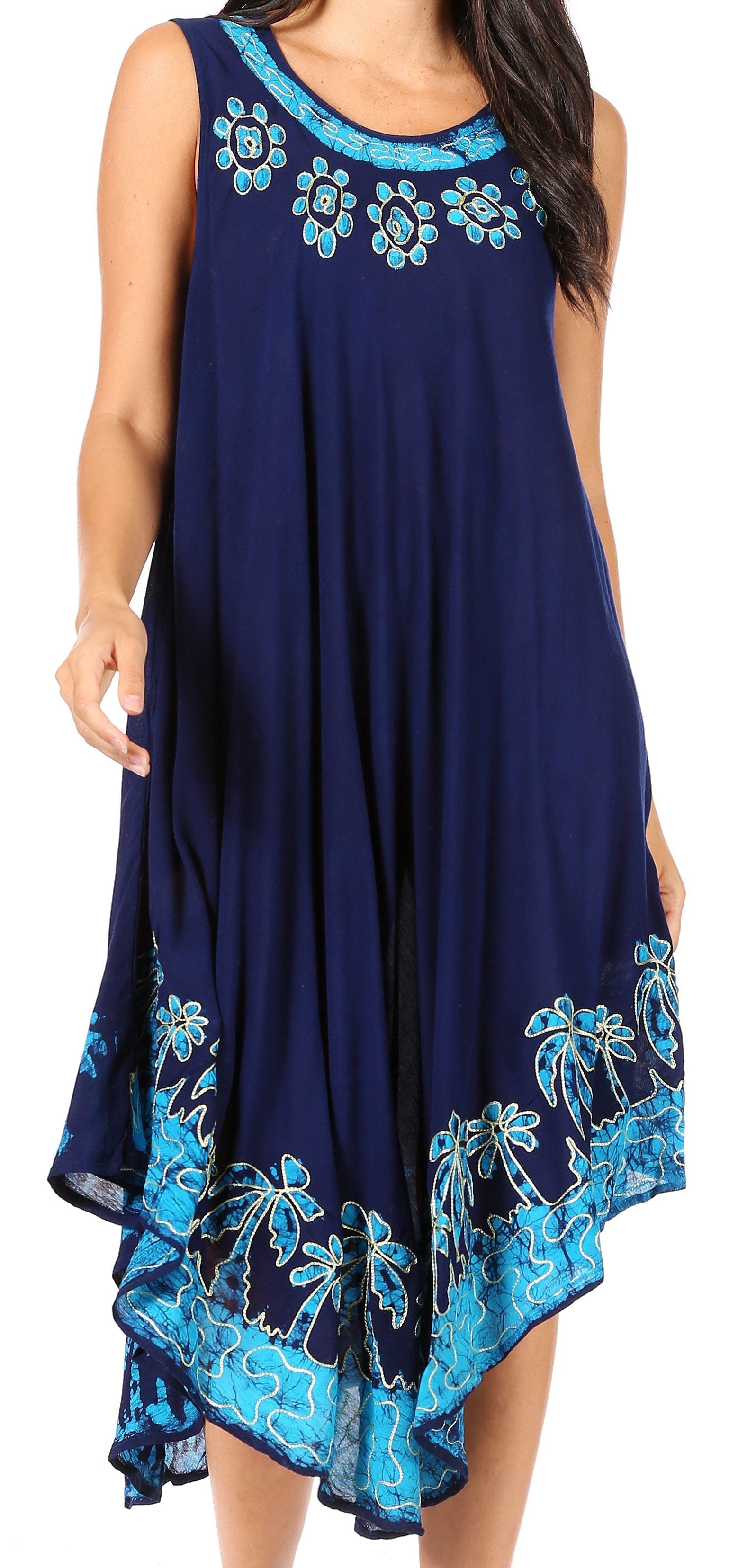 Navy blue dress with turquoise floral embroidery on a white background