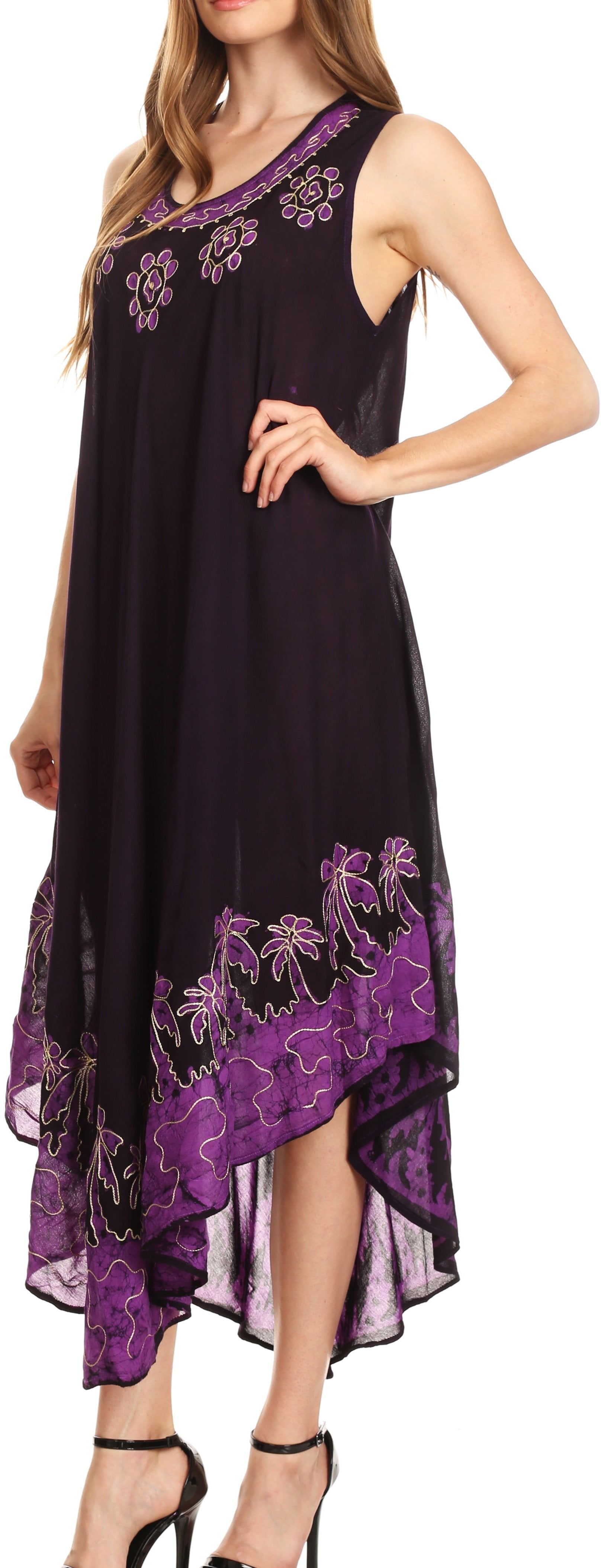 Black dress with purple floral embroidery on a white background