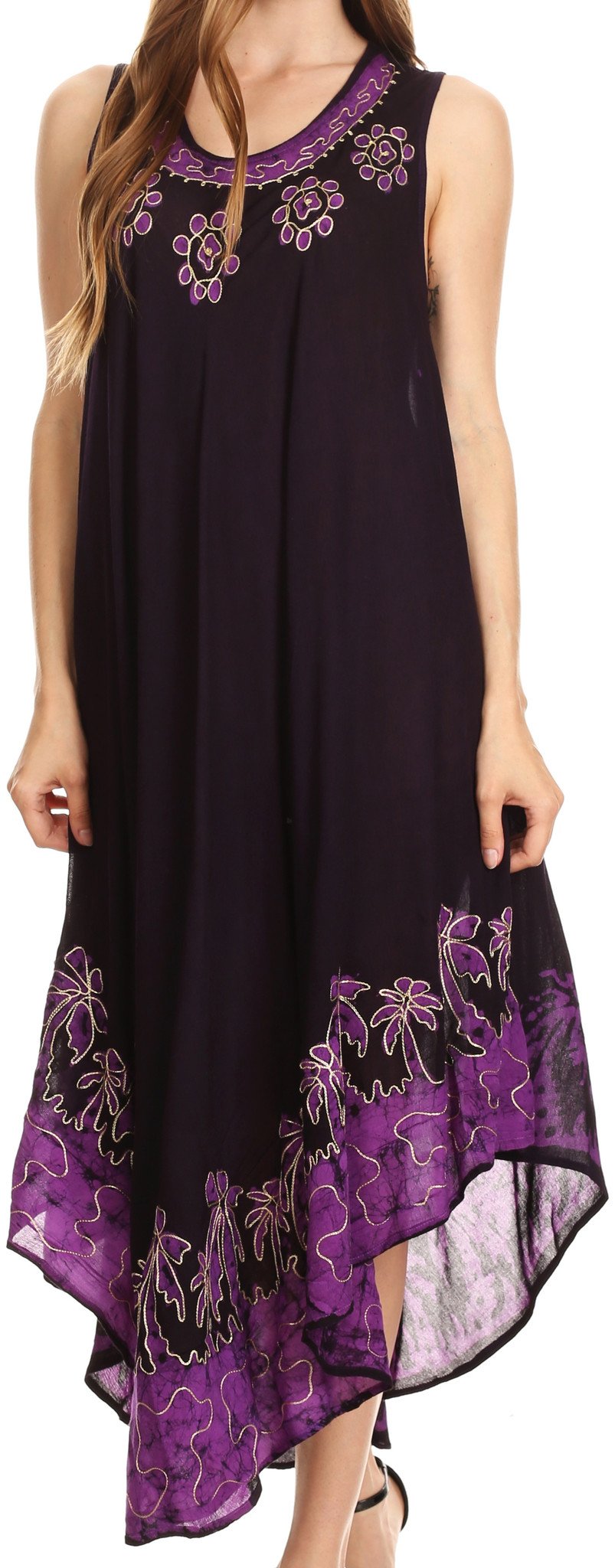 Black dress with purple floral embroidery on a model