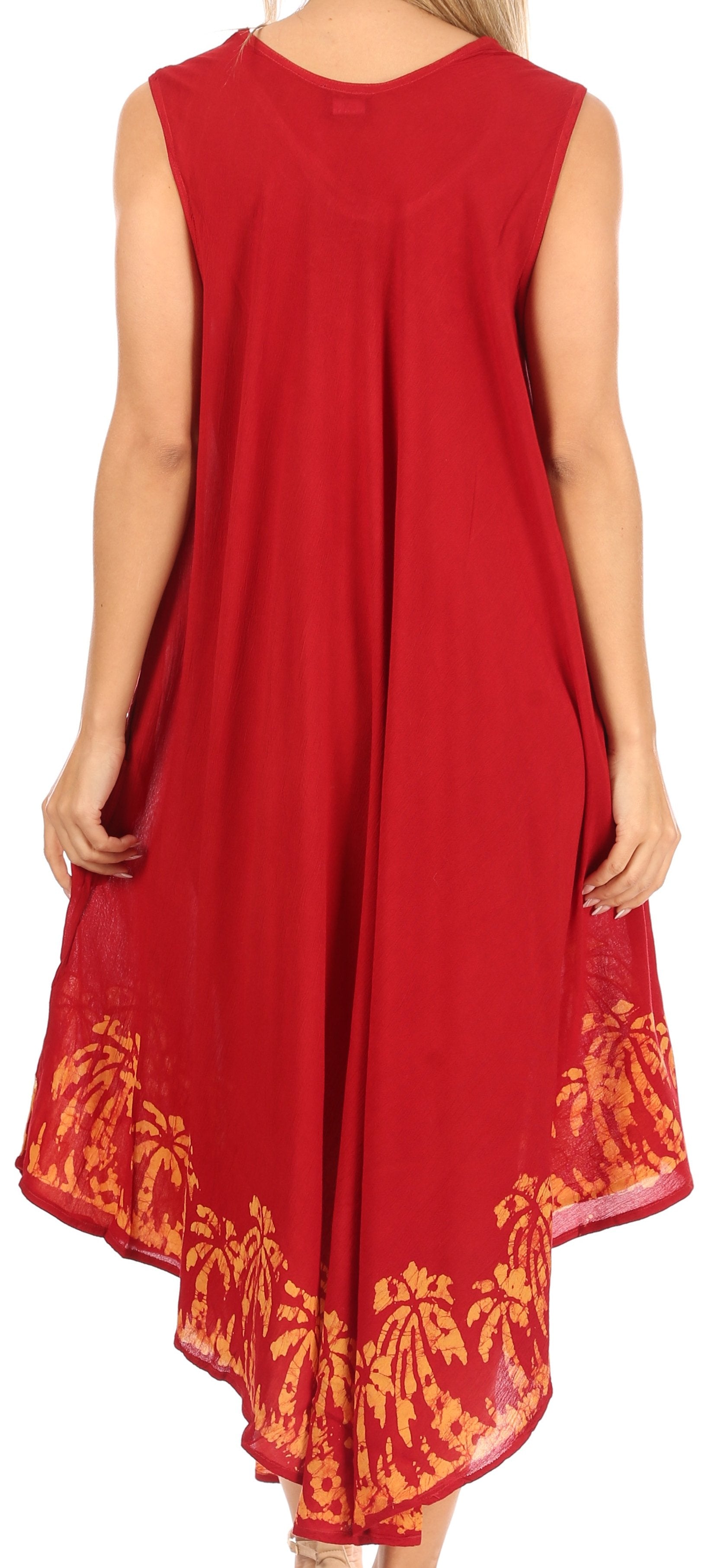 Red sleeveless dress with orange floral embroidery on a white background