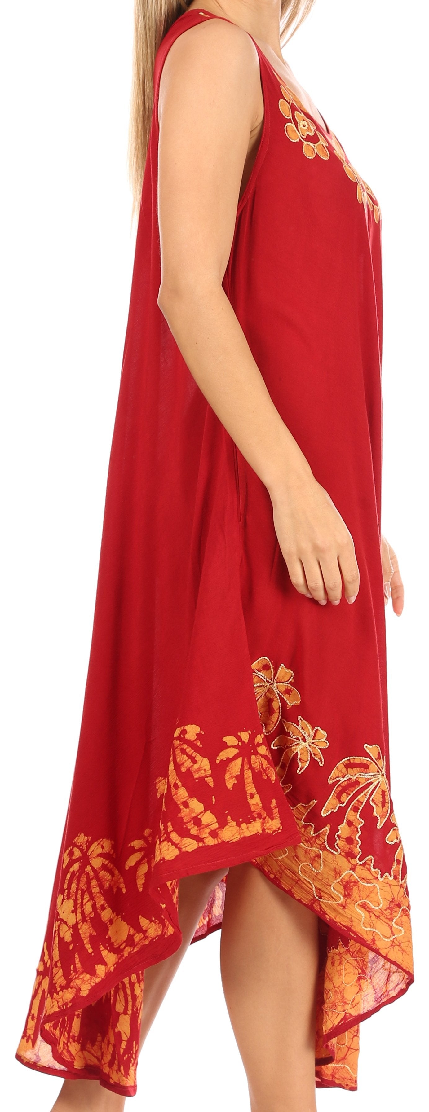 Red dress with orange floral patterns on a white background