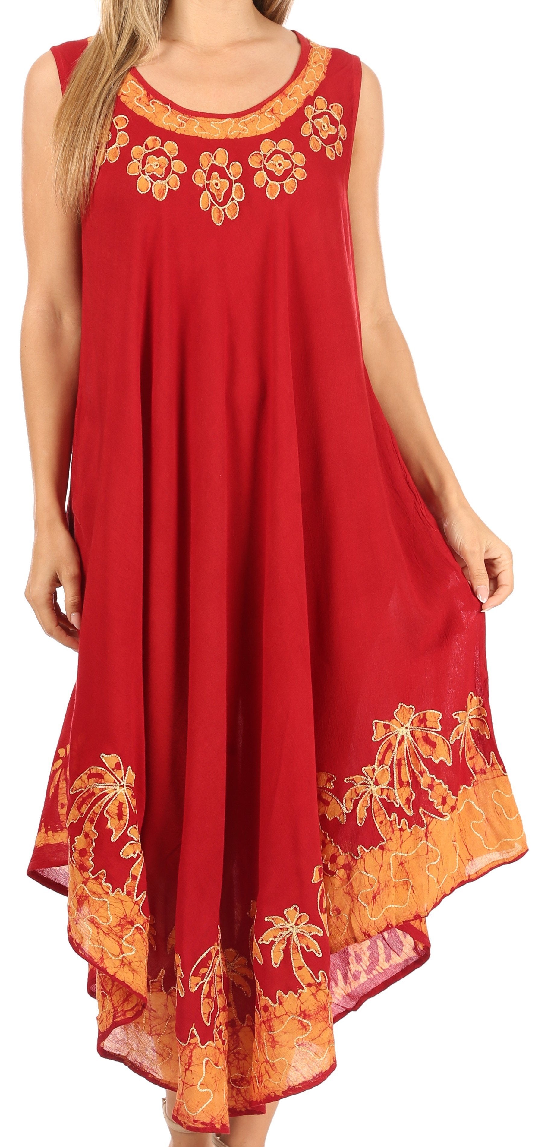 Red dress with orange floral embroidery on a white background