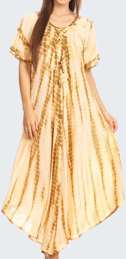 Woman wearing a yellow tie-dye dress on a white background