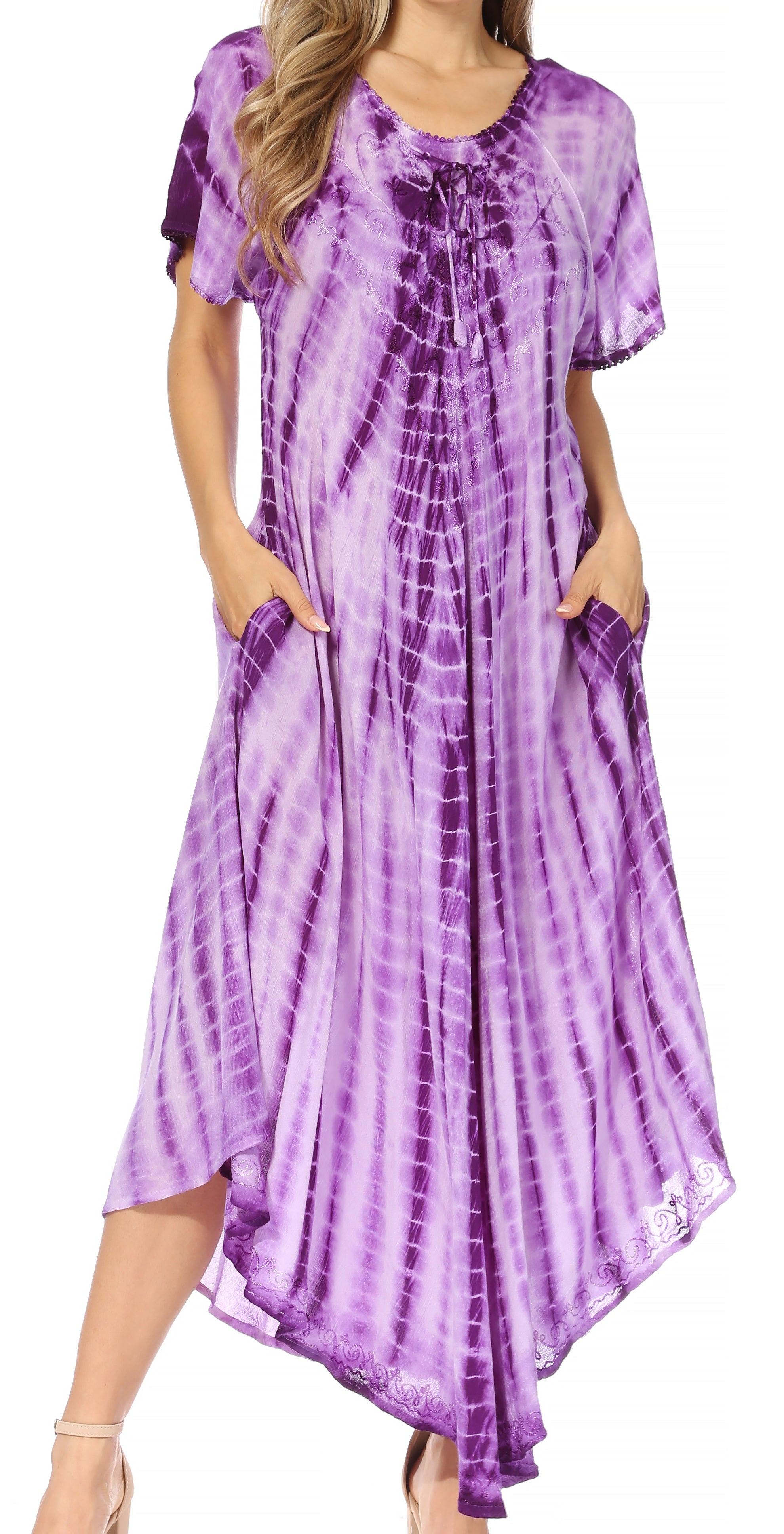 Purple tie-dye dress with short sleeves and pockets on a white background