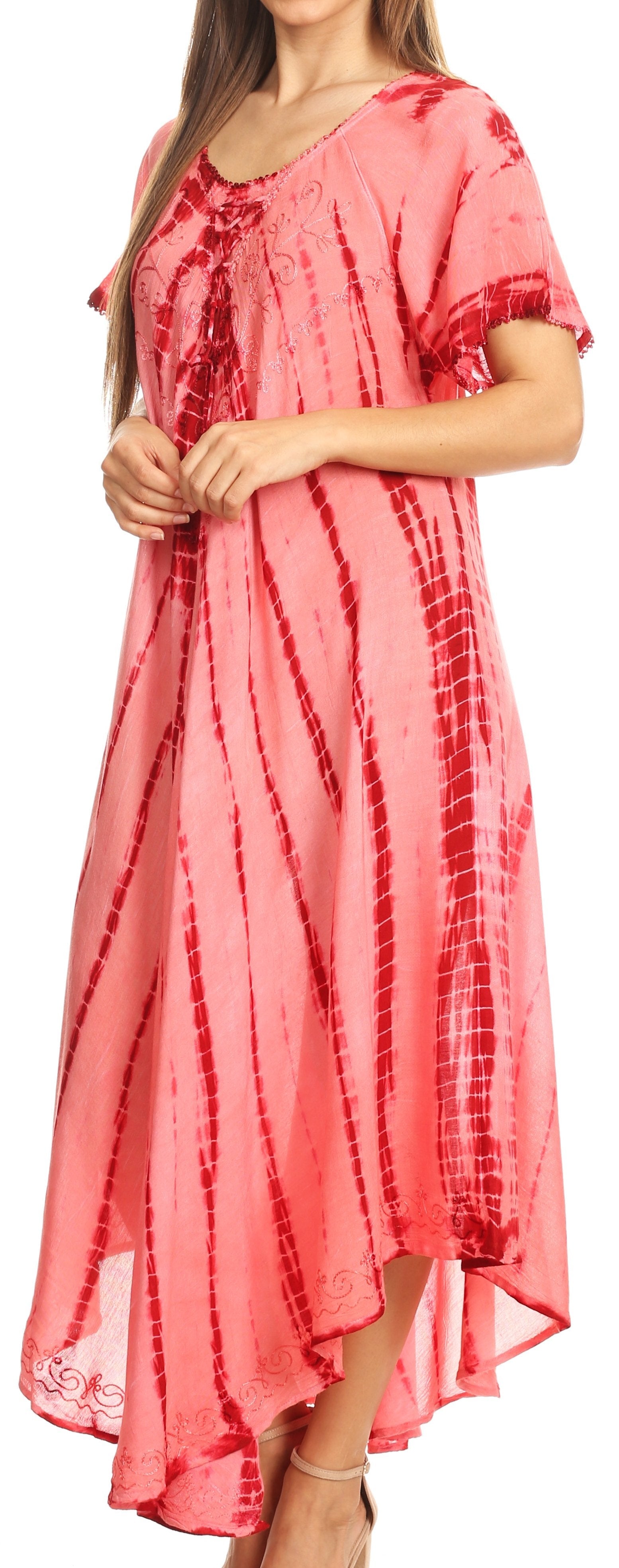 Woman wearing a pink tie-dye dress with a high-low hem