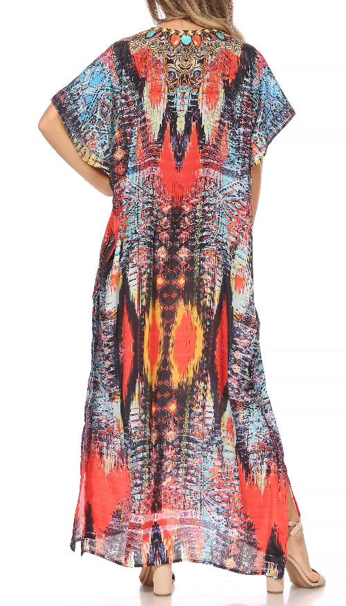 Colorful patterned dress with a white background