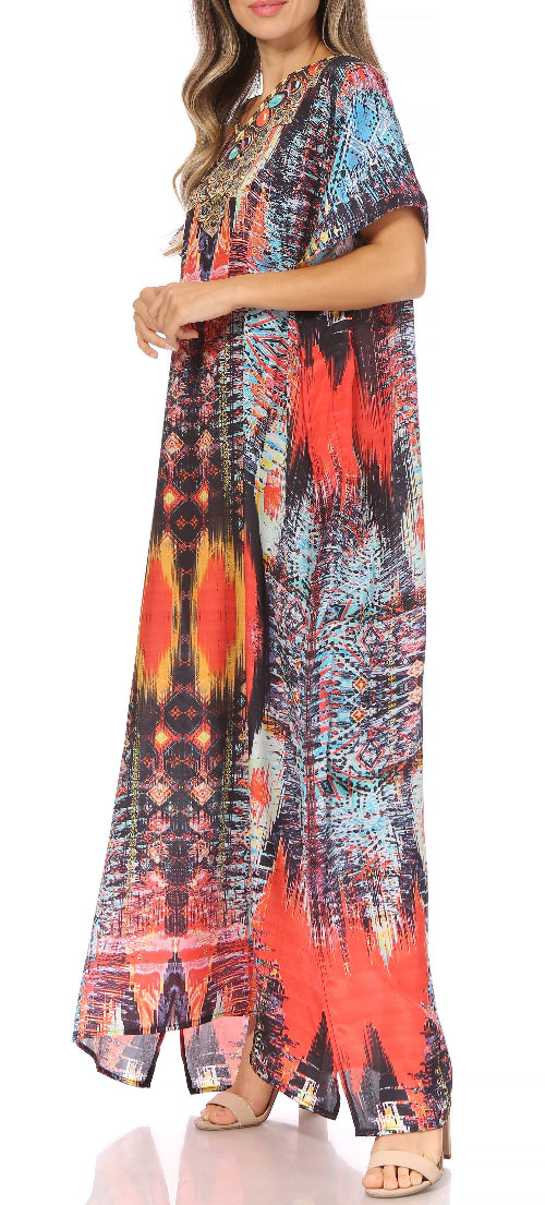 Woman wearing a colorful patterned dress on a white background